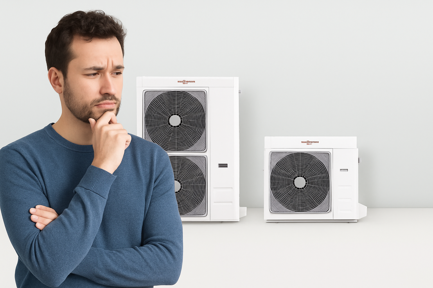 Uomo incerto davanti a una Vitocal 100 mentre valuta una cover per pompa di calore Viessmann