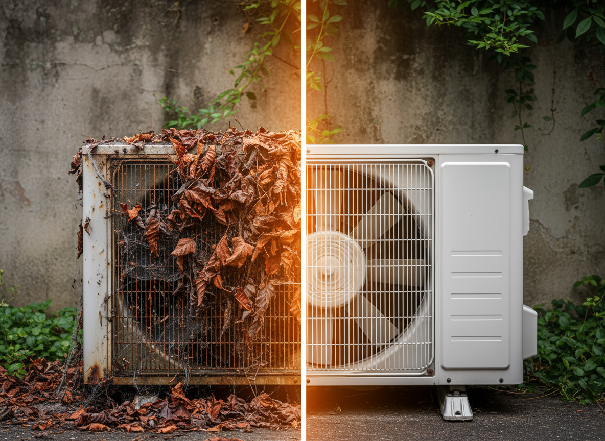 Manutenzione su pompa di calore durante l'autunno: prima e dopo la pulizia e il controllo della pompa di calore.