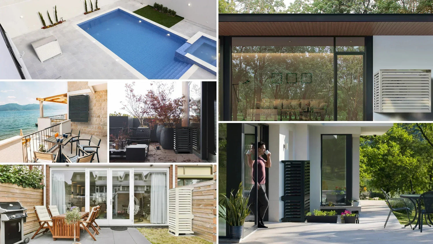 Montage d’installations réelles avec couvertures design pour pompes à chaleur en extérieur.