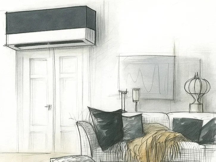 Sketch of the Tersicore design split cover in an elegant living room with air conditioner