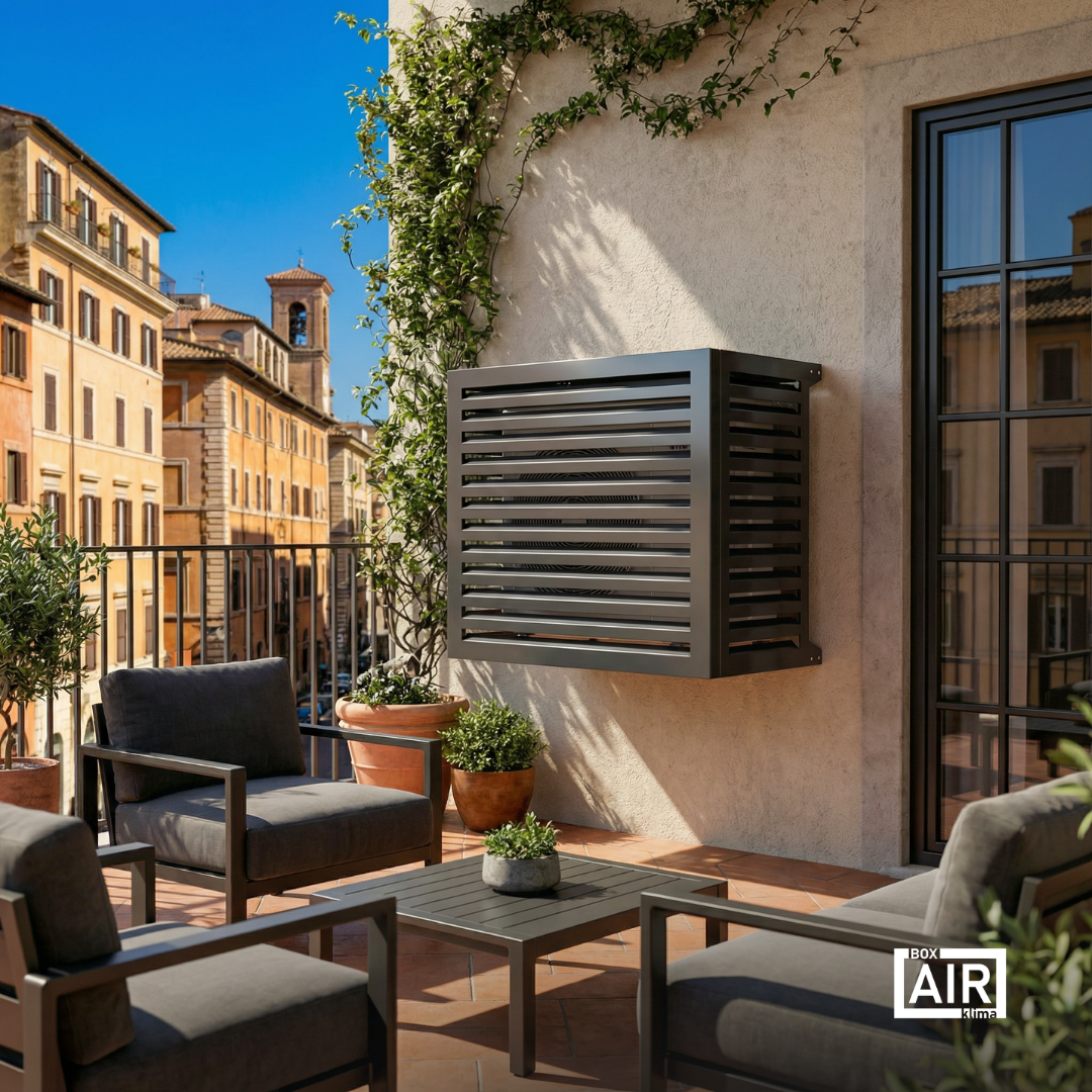 Coperture per condizionatori esterni dal design moderno, ideali per proteggere unità split da pioggia, sole e agenti atmosferici, compatibili con modelli Daikin, Mitsubishi e Panasonic