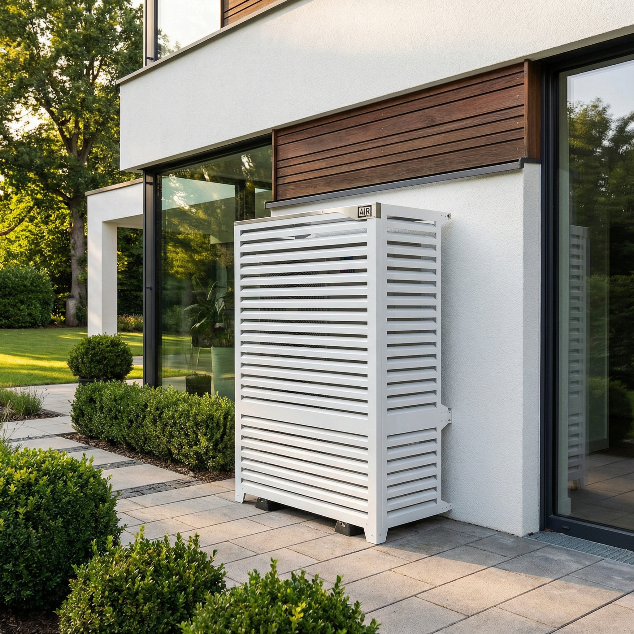 Design-Abdeckung für Wärmepumpe Daikin ERGA 06EVH auf Meerterrasse, schützt und fügt sich harmonisch in die Umgebung ein.