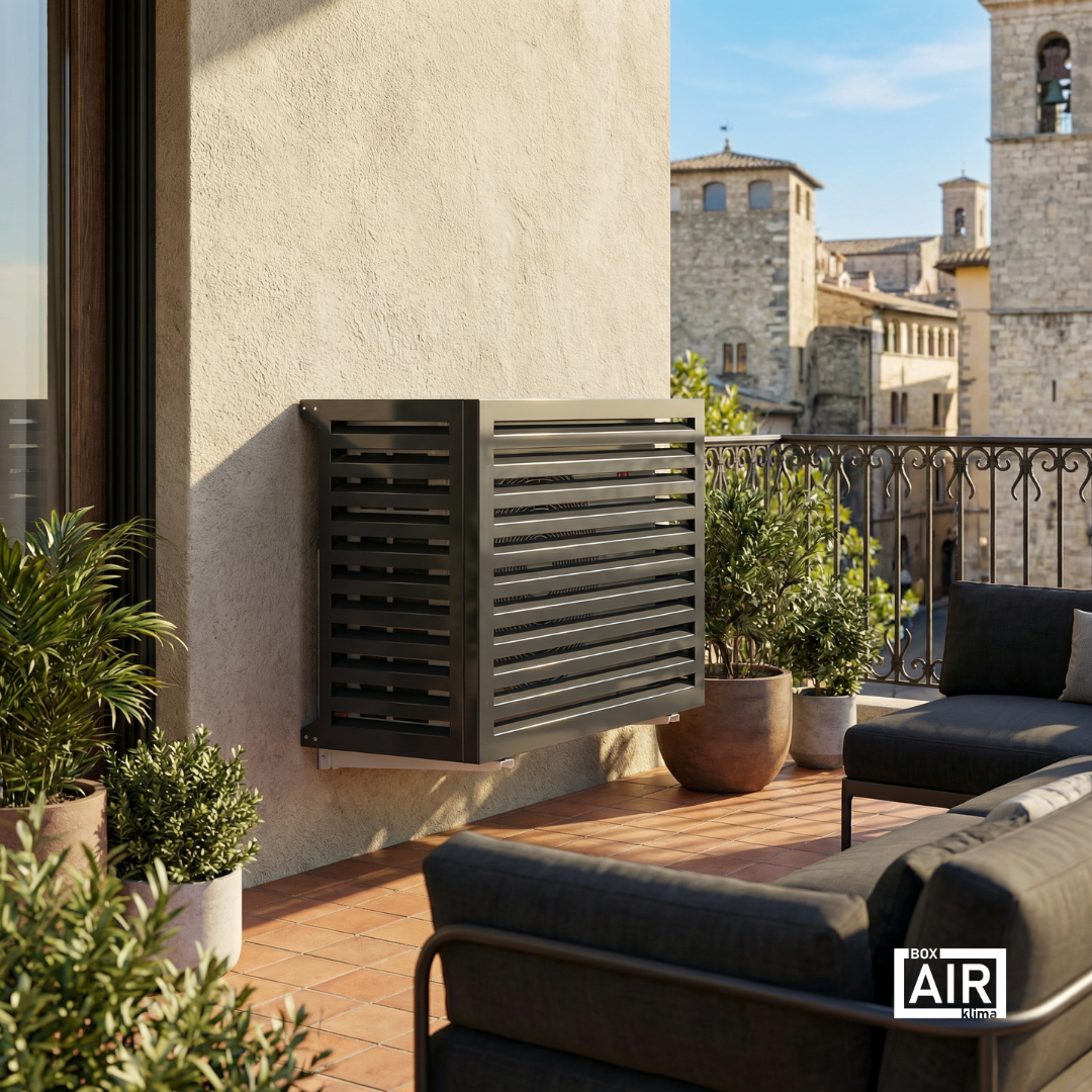 Anthracite Blade cover by Box Air Klima for outdoor air conditioners and heat pumps, combining protection, ventilation and modern design.