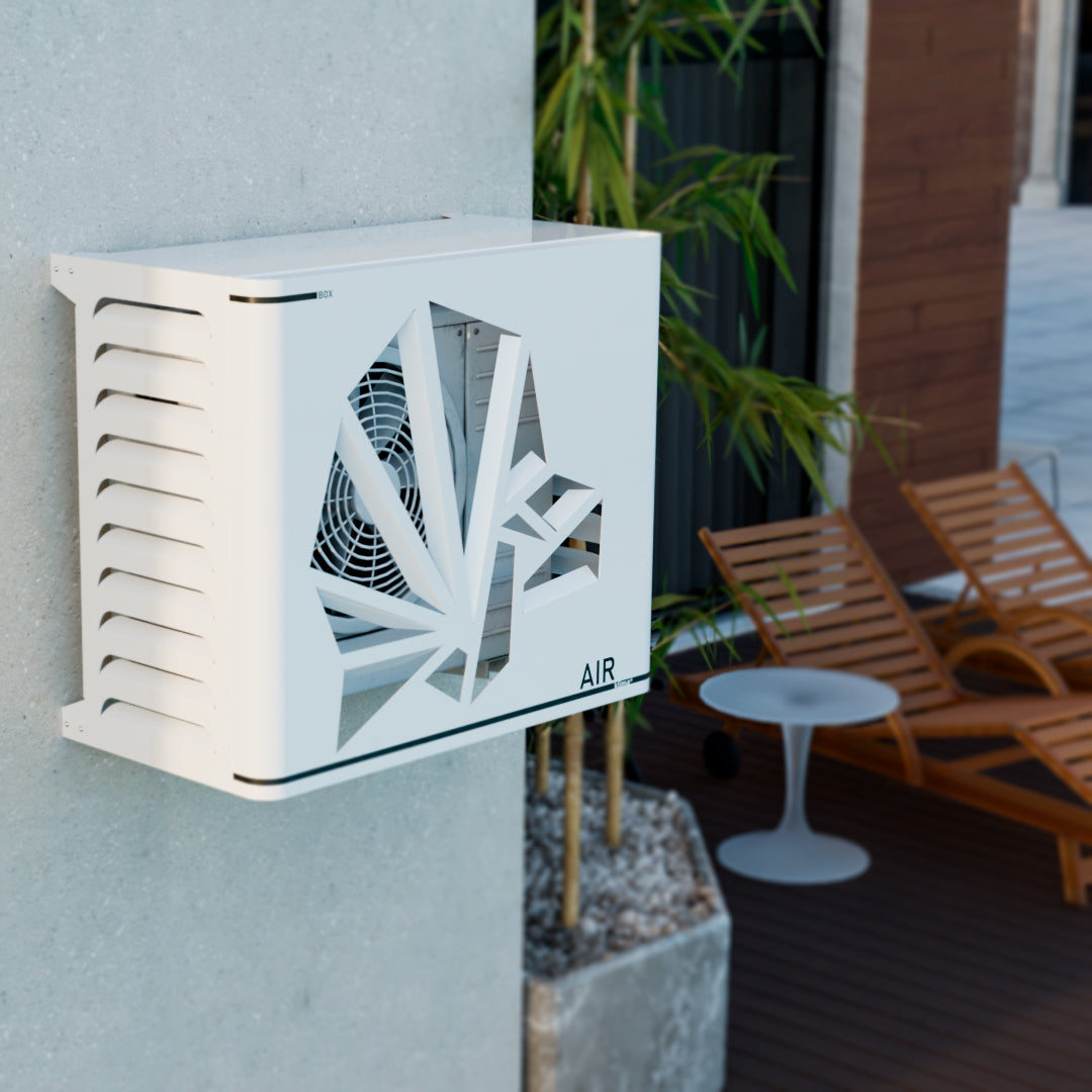 Wandmontierte Klimaanlagenabdeckung Modell Bird von Box Air Klima mit geometrischem Ausschnittdesign. Die Abdeckung schützt die Außeneinheit vor Witterungseinflüssen, Stößen und UV-Strahlen und verleiht der Fassade ein modernes, elegantes Aussehen.