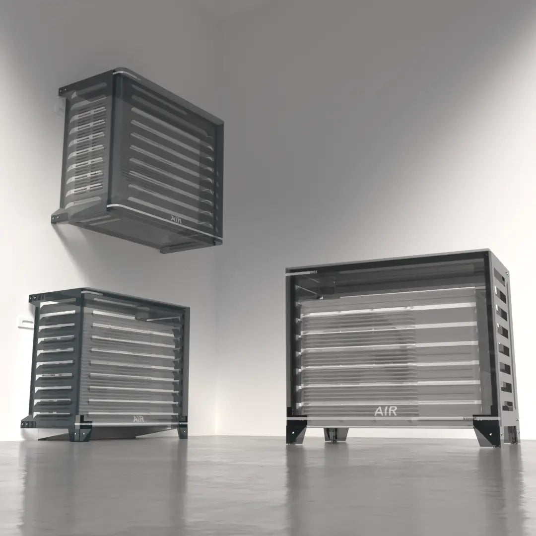 Abdeckungen für Außengeräte von Klimaanlagen mit drei Befestigungsarten – Wand, Boden an der Wand und freistehend. Hochwertiger Schutz, passend für Geräte von Bosch, Daikin, Mitsubishi.