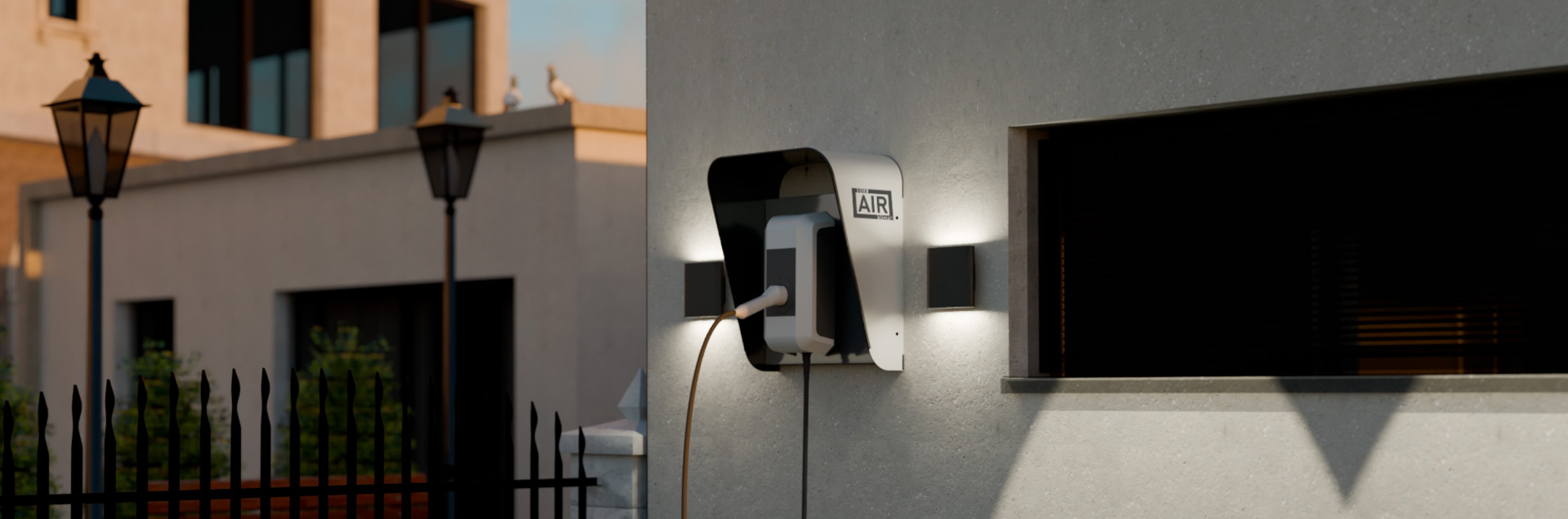 Wandmontierte Wallbox-Abdeckung Plus von Box Air Klima mit integriertem Technikfach. Die robuste Abdeckung schützt vor Regen, UV-Strahlen und Stößen, während die Rückwand Kabel und Leitungen verdeckt und so für eine aufgeräumte, professionelle Optik sorgt.