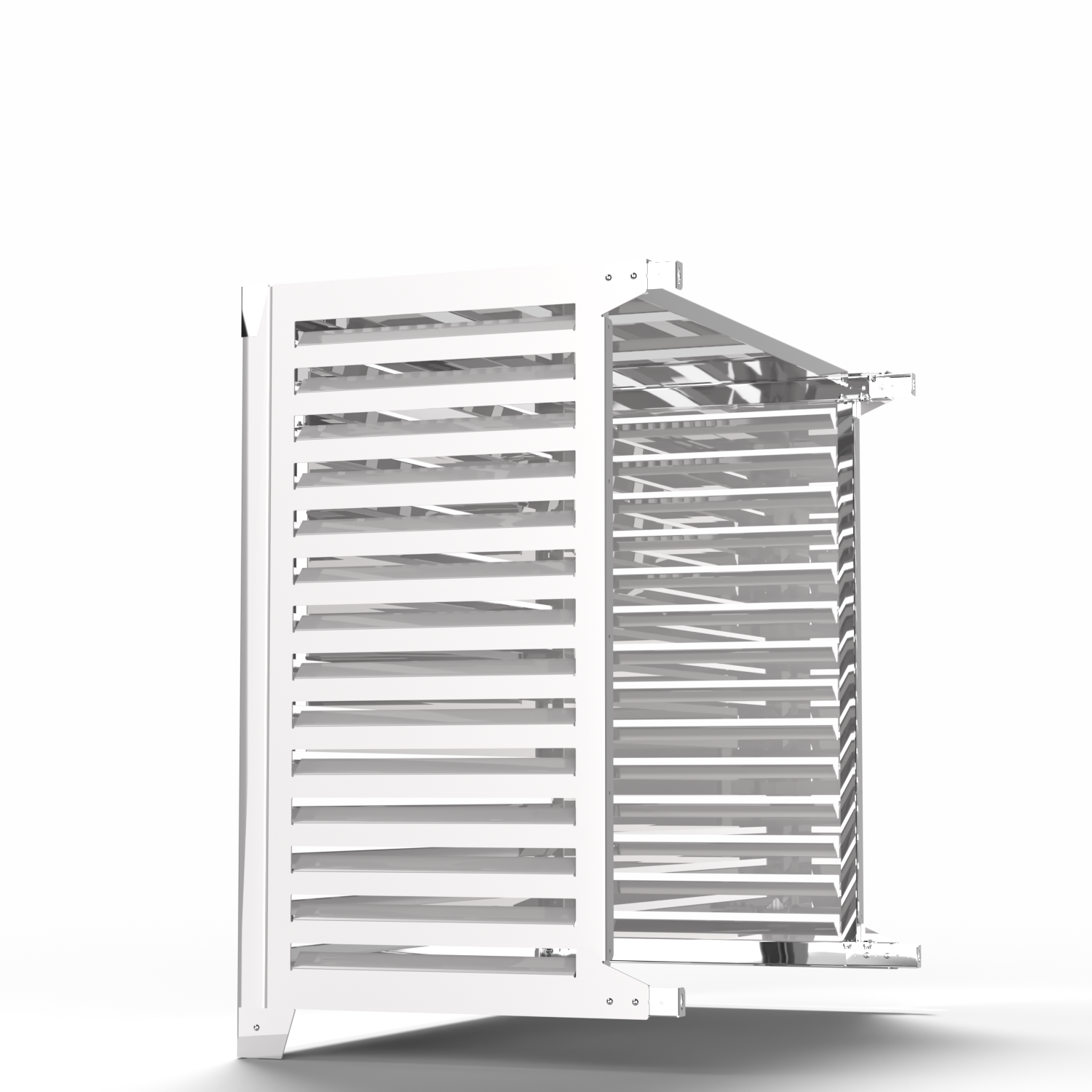 Vue arrière et latérale – cache mural XXL blanc avec structure ventilée et durable. optimisé pour les pompes à chaleur comme Fujitsu AOYG18LAC2.