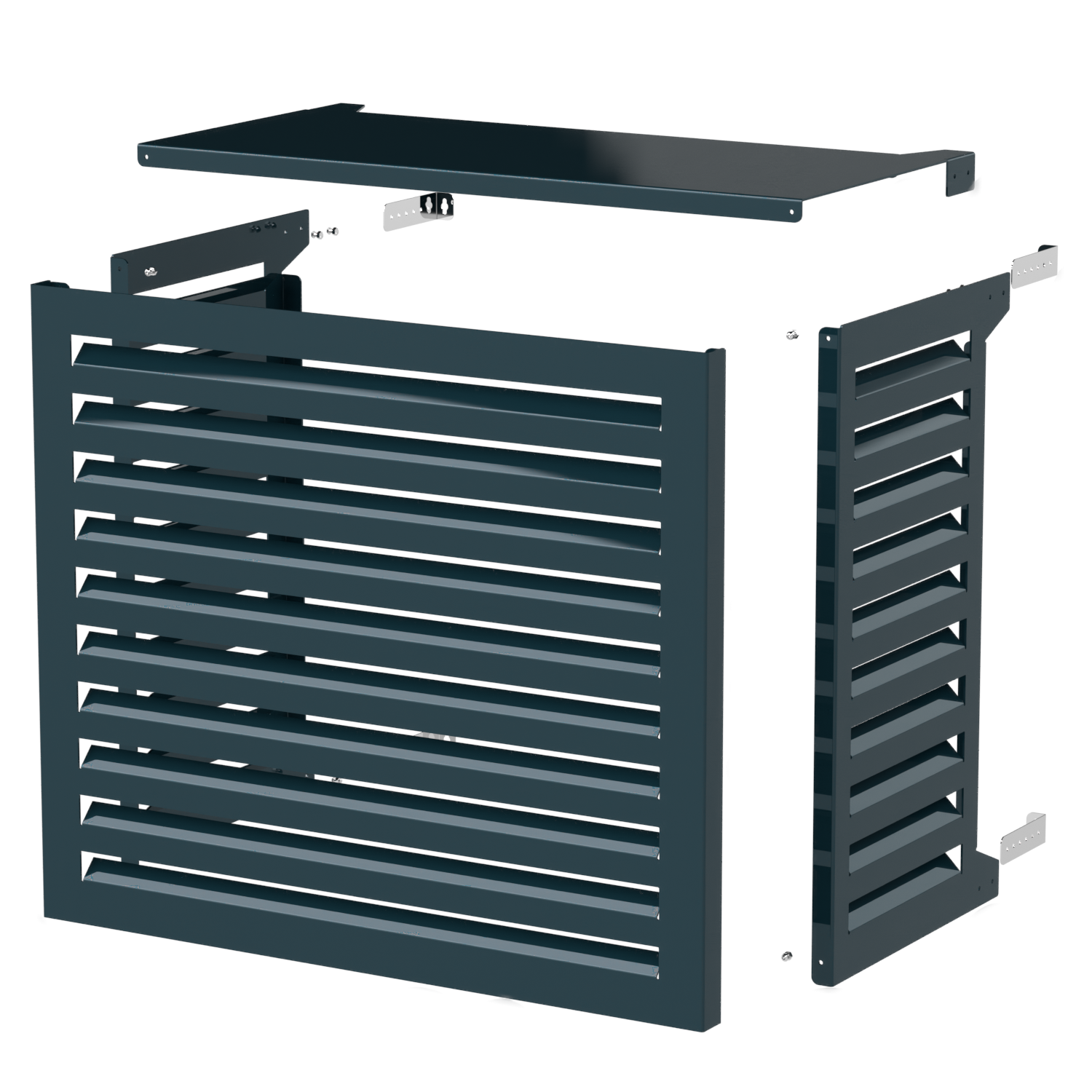 Elegante und schützende Abdeckung für Außengeräte – Explosionsansicht des Blade Anthrazit Modells auf neutralem Hintergrund. Abdeckung auf Samsung Wind-Free – passend für energieeffiziente, moderne Außengeräte. klimaanlagen.