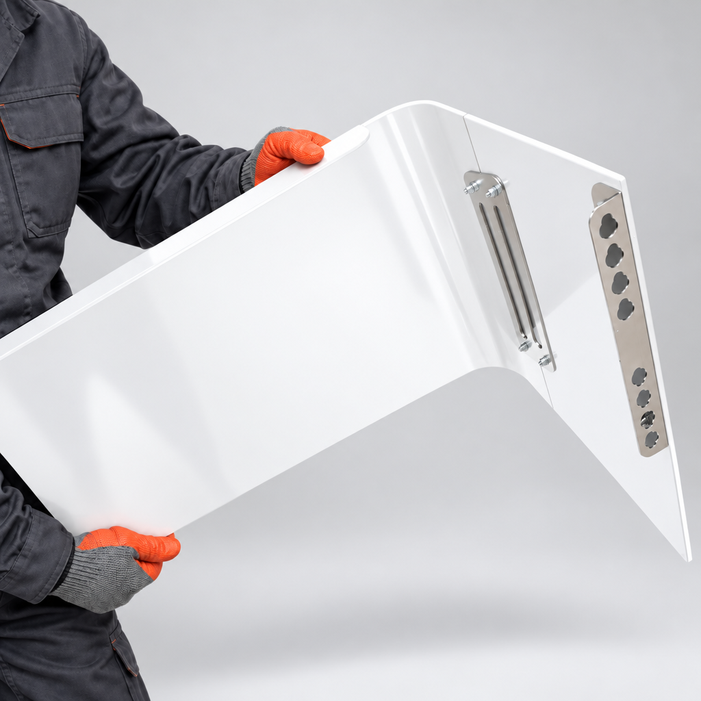Clio blanc, détail des supports métalliques de montage