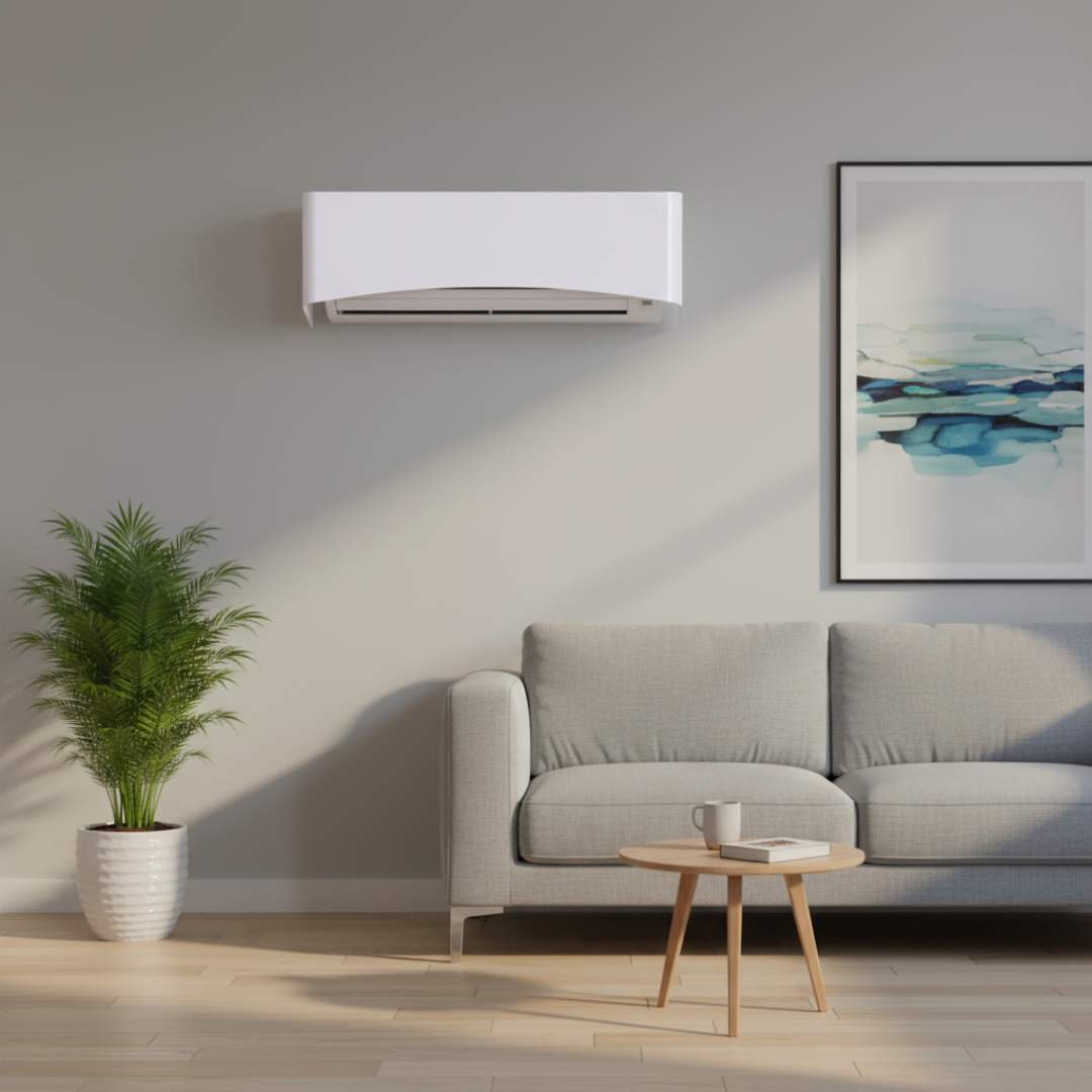 White Clio indoor AC cover with minimal design, installed above a sofa in a bright living room