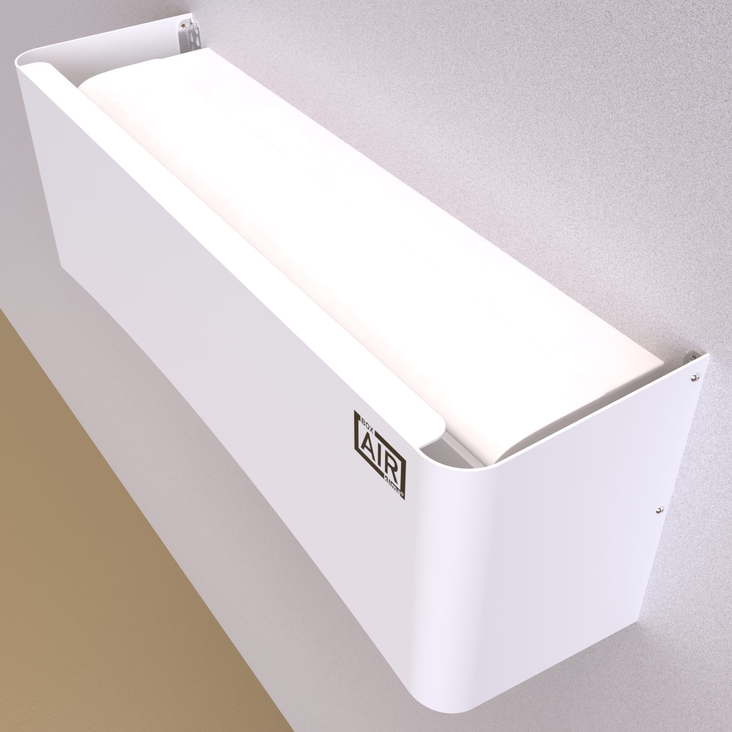 Vista dall’alto – copertura Clio bianco installata, mantiene estetica minimal e facile montaggio. Compatibile con l’unità interna split aria condizionata Daikin ERLA-DV 11DV.