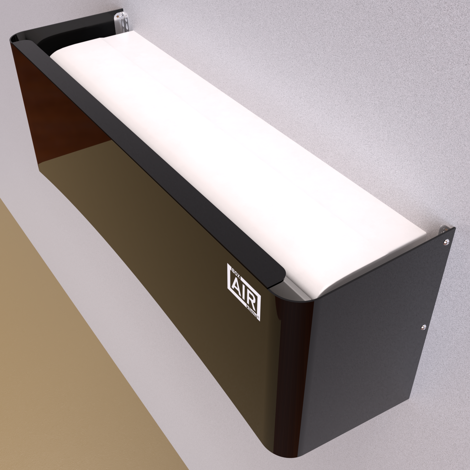 Draufsicht – schwarze Clio Abdeckung integriert sich unauffällig in weiße Innenwand und bleibt funktional. Kompatibel mit dem Split-Klimagerät Innenmodul Panasonic CU-3Z52TBE.