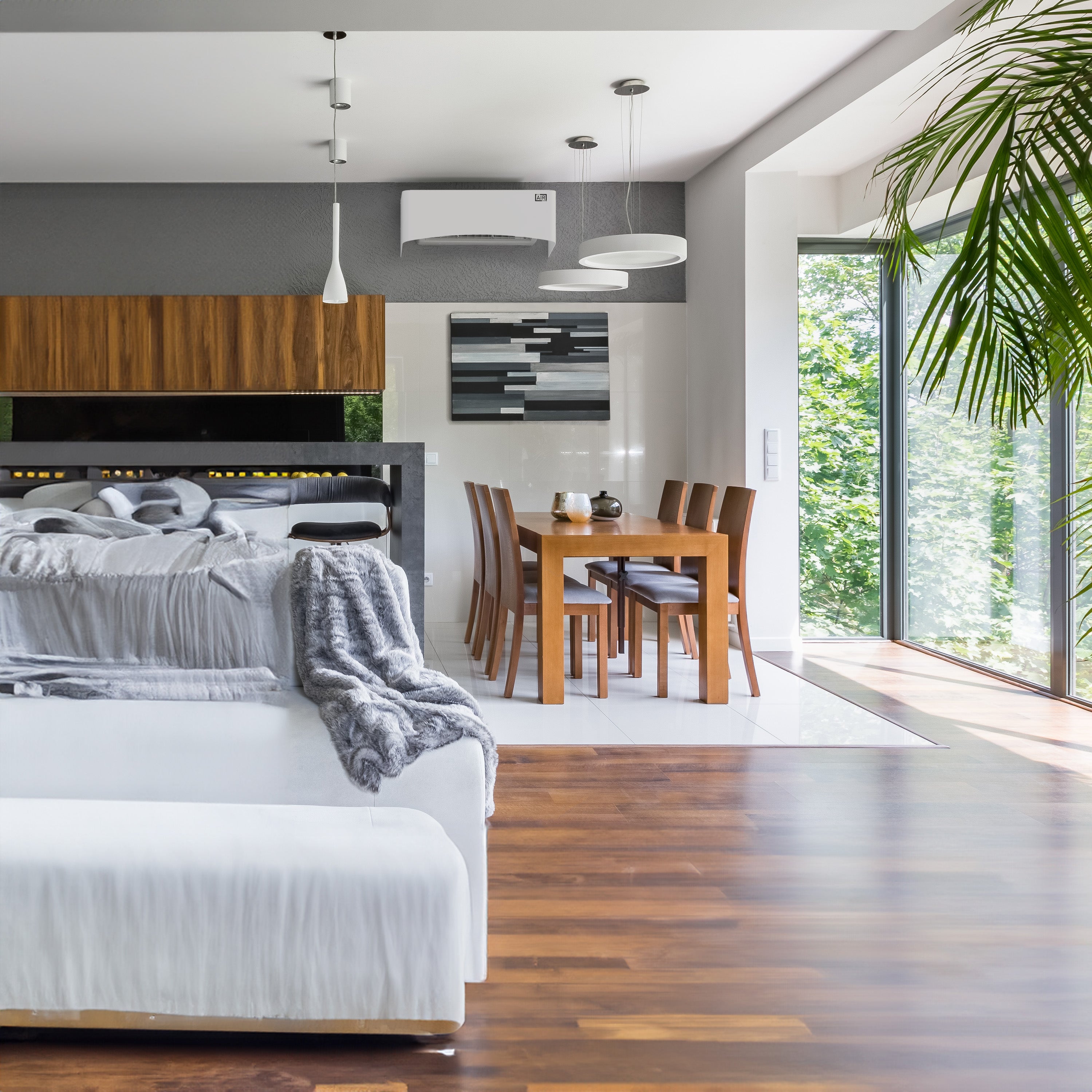 Modern wooden interior with greenery – Clio white indoor AC cover blends natural aesthetic and elegant design. Compatible with Panasonic CU-4Z80TBE indoor split air conditioning unit.