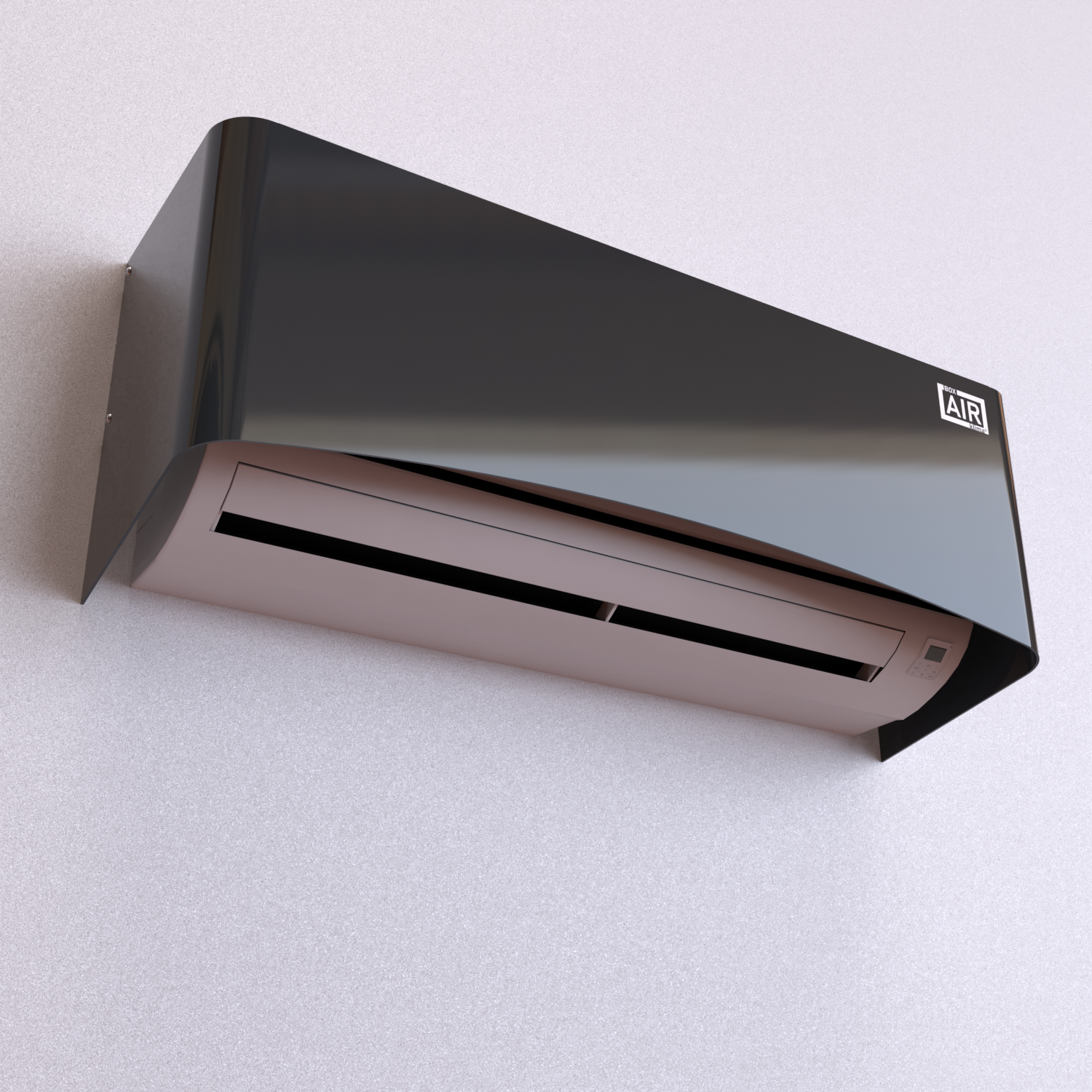 Low-angle view of Clio anthracite – sleek composite aluminium cover allows remote access and airflow. Compatible with Fujitsu AOYG07KGTB indoor split air conditioning unit.