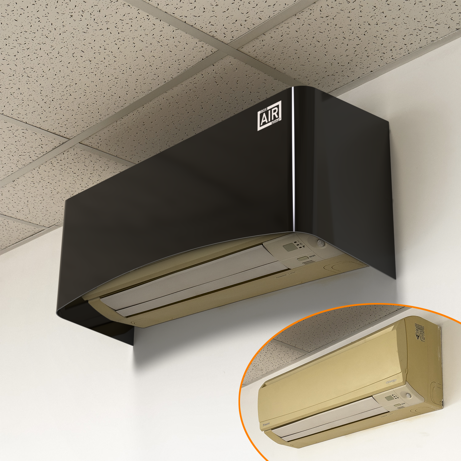 Vorher‑Nachher im Büro – schwarze Clio Abdeckung ersetzt vergilbtes Gerät für elegantes Ambiente. Kompatibel mit dem Split-Klimagerät Innenmodul Bosch C6000AW 15 OR-S.