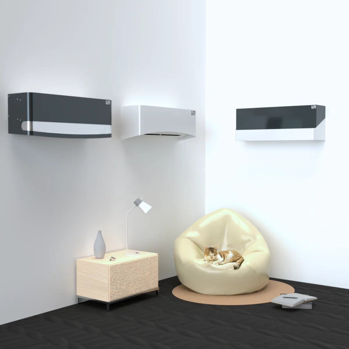Coperture decorative per split Daikin FTX, Mitsubishi MSZ e Panasonic Etherea: soluzioni di design per mascherare condizionatori interni in ambienti eleganti.