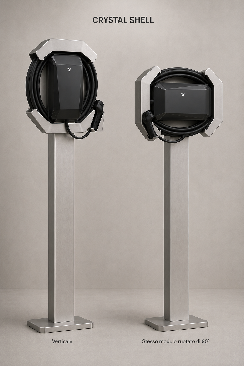 Crystal Shell Station 360 su piantana in acciaio inox, verticale e ruotata di 90 gradi
