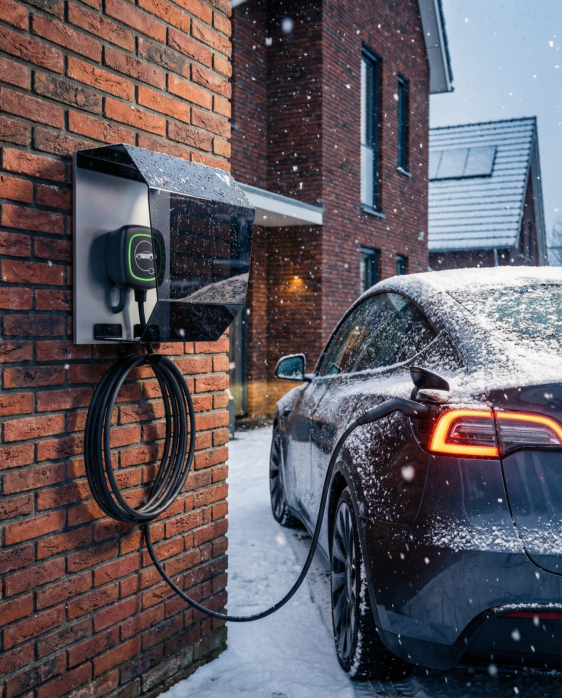 Crystal Shell outdoor wallbox cover on a brick wall during snowfall, with an electric car plugged in for charging and snow visible on the car, roofs and driveway.