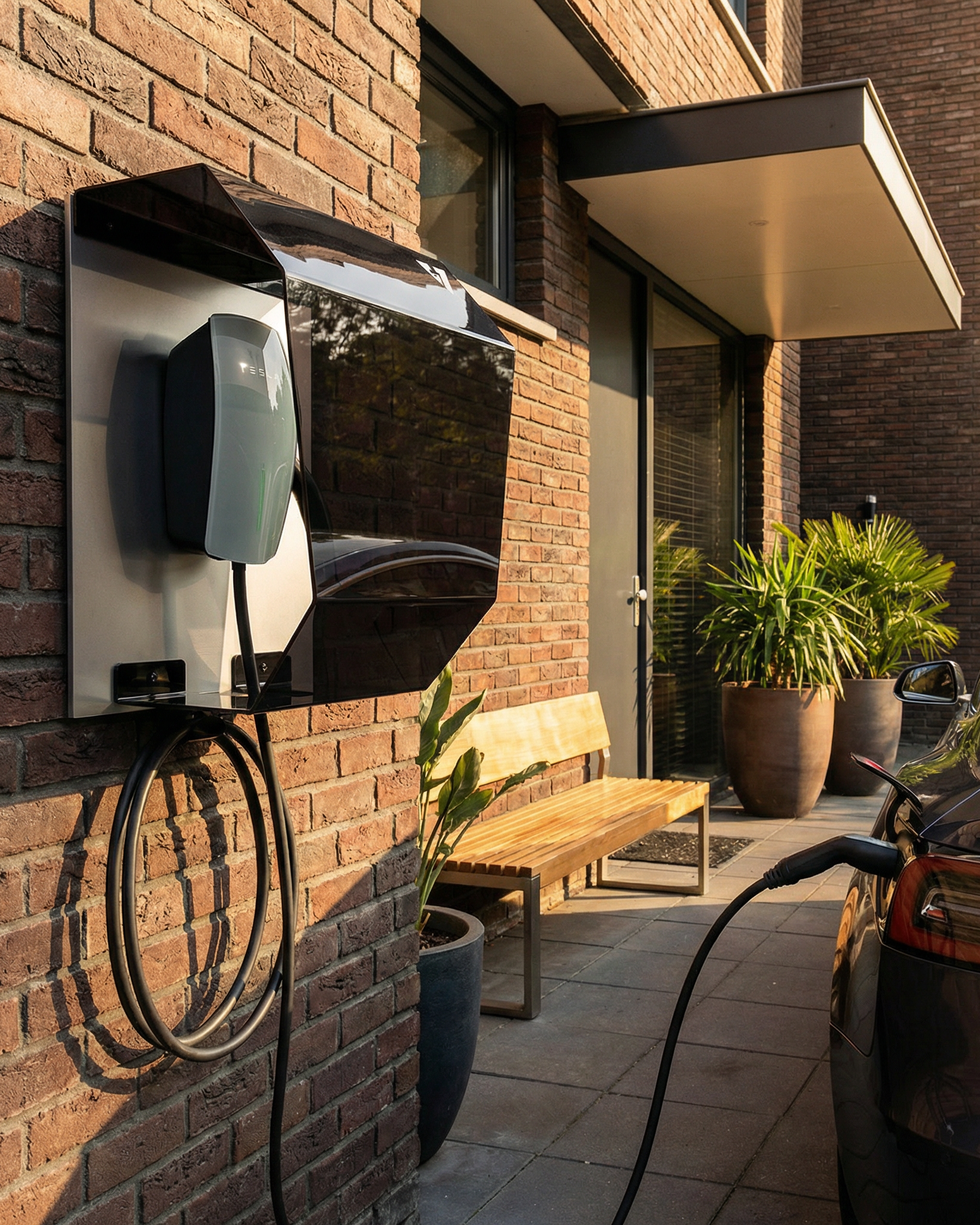 Crystal Shell, Schutzabdeckung für eine Wallbox im Außenbereich an einer Ziegelwand eines modernen Hauses, mit ladendem Elektroauto in der Einfahrt sowie Bank und Pflanzkübeln.