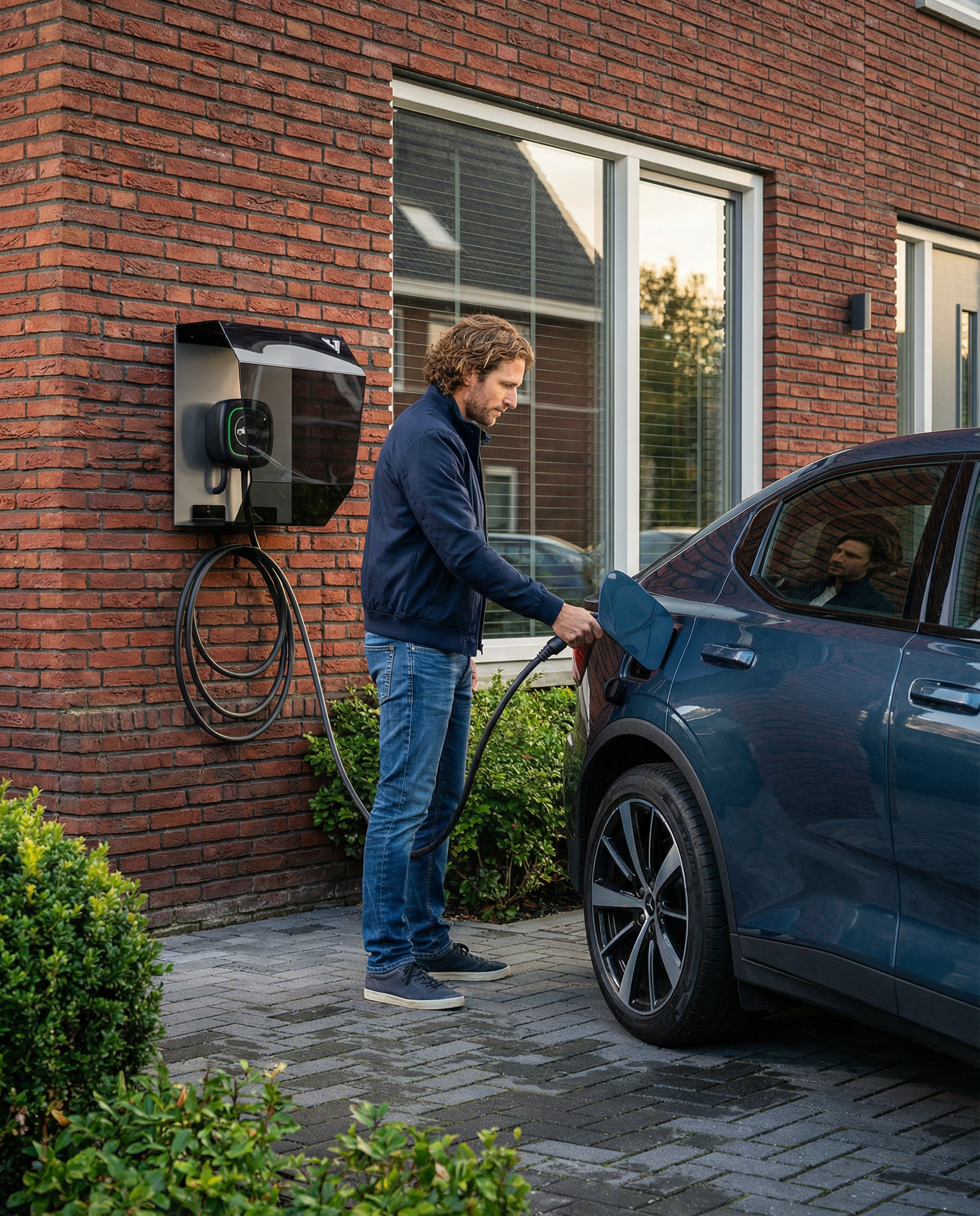 Crystal Shell, cache de protection pour chargeur de voiture électrique extérieur fixé sur un mur en briques, pendant qu’une personne branche le câble de recharge à une voiture électrique.