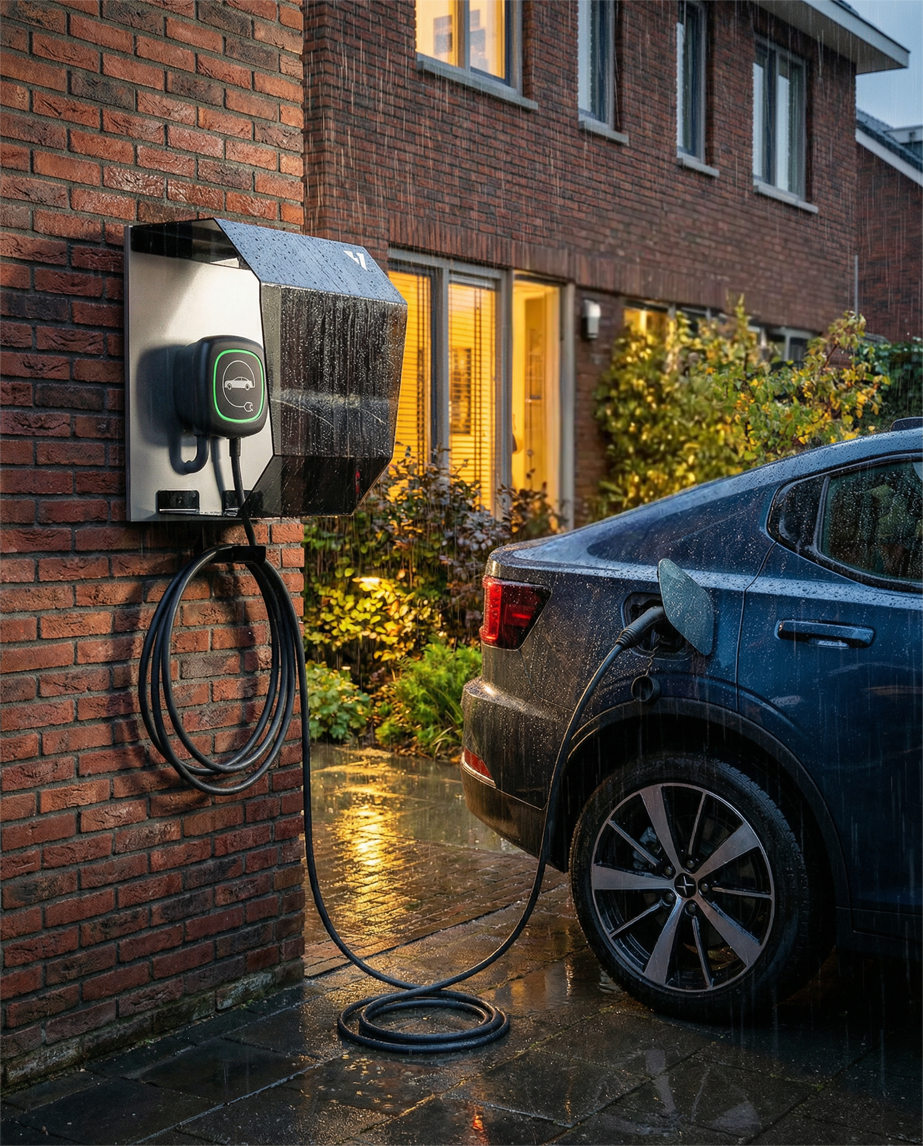 Crystal Shell, protezione frontale per wallbox esterna su facciata in mattoni sotto la pioggia, con auto elettrica in ricarica, cavo a terra e riflessi sul pavimento bagnato al tramonto.