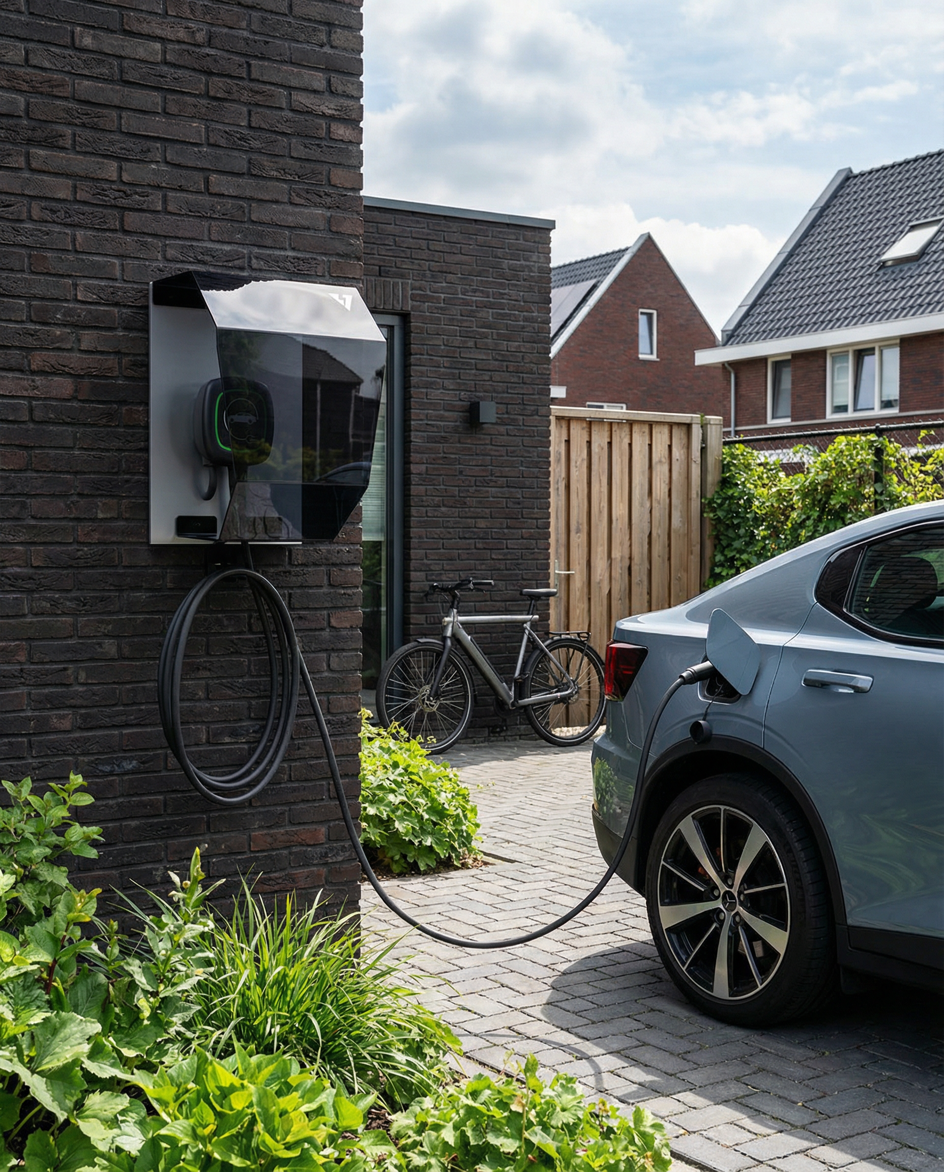 Crystal Shell Wallbox-Abdeckung für den Außenbereich an einer dunklen Ziegelwand im Wohnumfeld, mit ladendem Elektroauto, gepflegtem Garten, gepflasterter Einfahrt und Fahrrad im Hintergrund.
