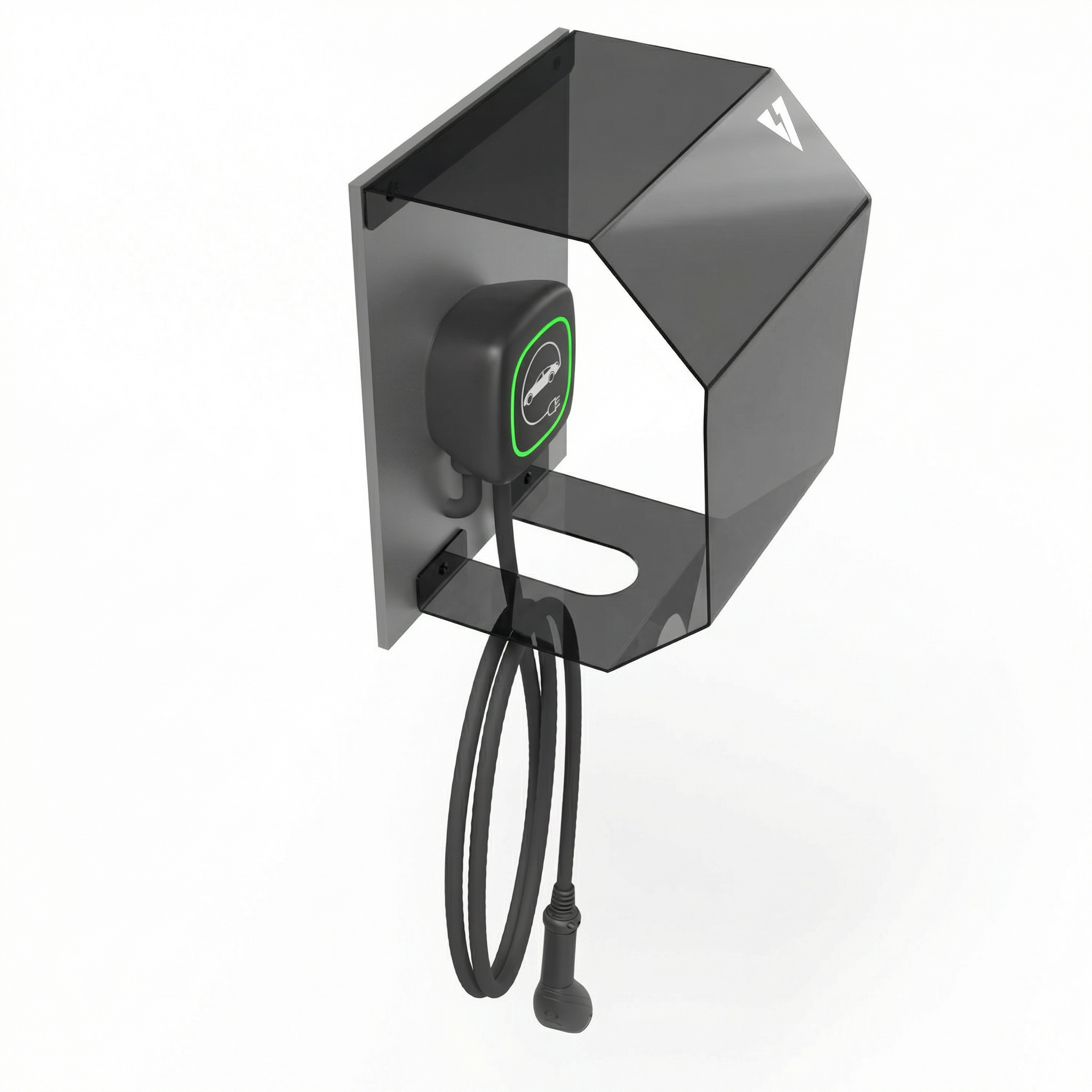 Crystal Shell mit montierter Wallbox und hängendem Ladekabel, Seiten-/Frontansicht von links vor weißem Studiohintergrund, mit getöntem transparentem Panel, durch das die Wallbox teilweise sichtbar ist.