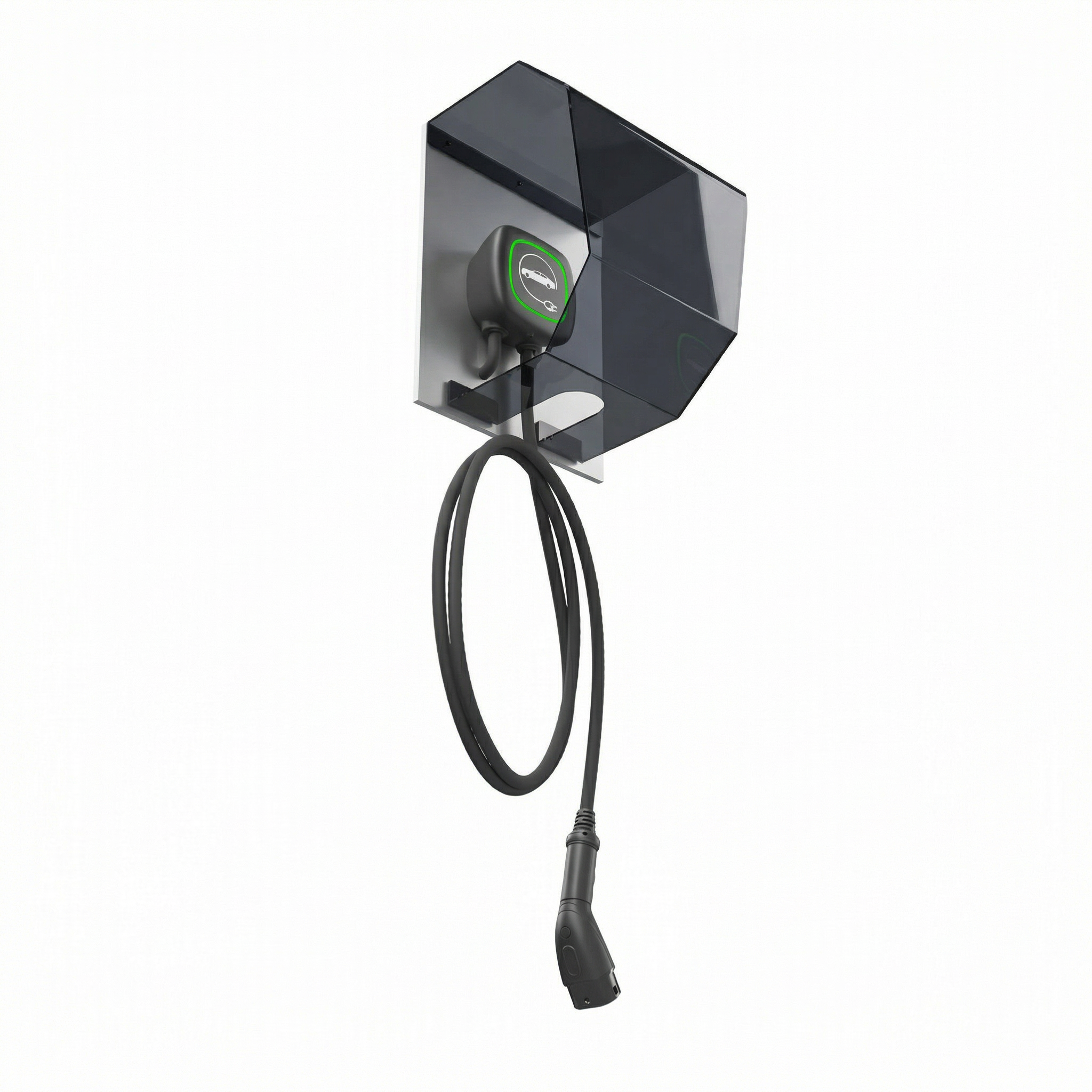 Crystal Shell con EV-charger e cavo, ripresa dal basso su sfondo bianco studio, con vista dell’apertura inferiore e del passaggio del cavo di ricarica.