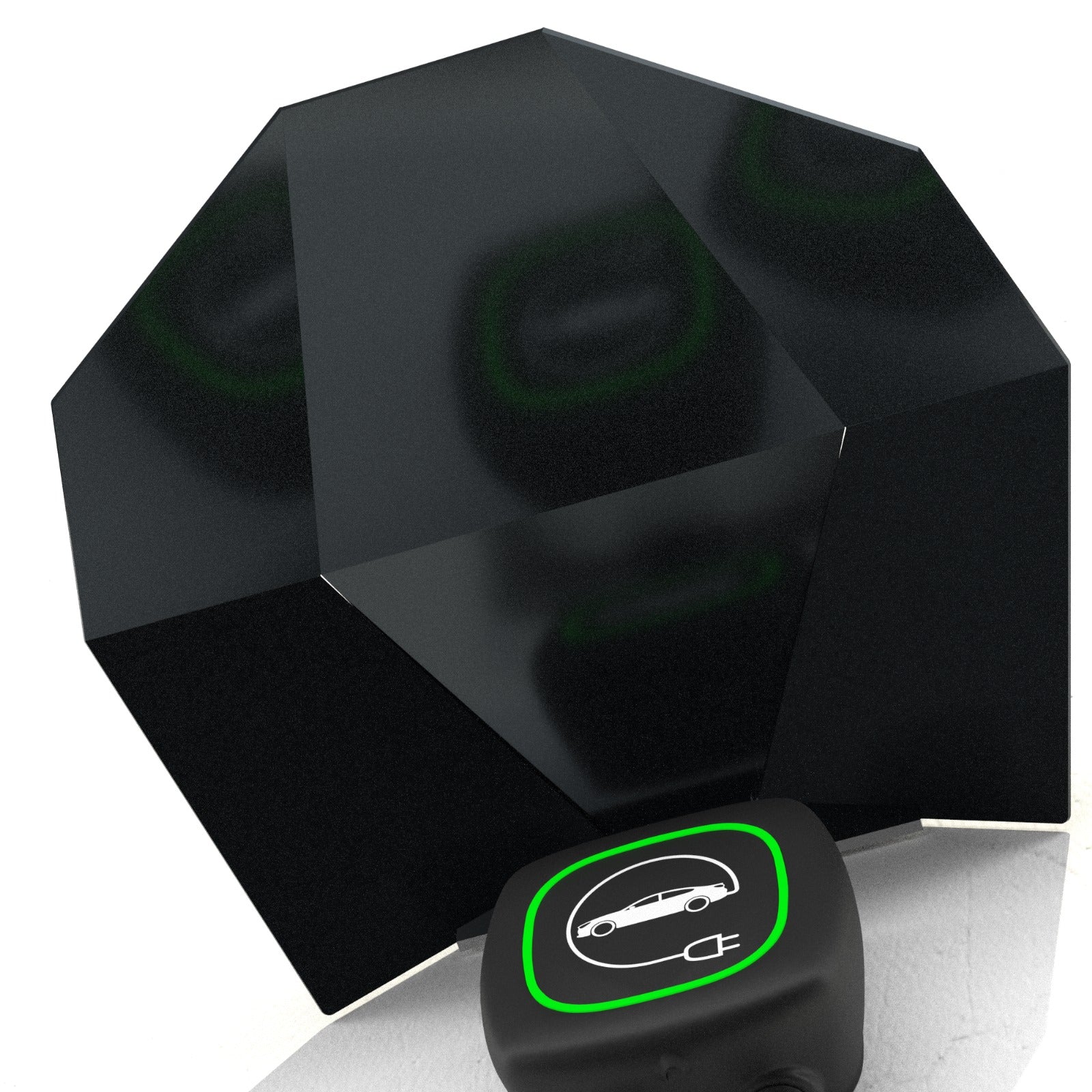 Vue basse de Cyber – couverture murale minimaliste qui protège la wallbox des intempéries tout en gardant un style discret et raffiné. Compatible avec la borne de recharge murale Indra Smart PRO.