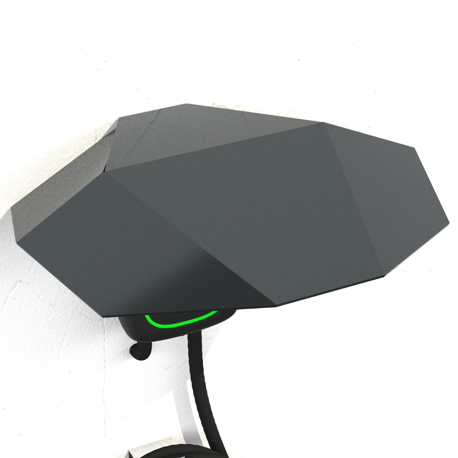 Draufsicht der Cyber-Abdeckung – minimalistische Wallbox-Schutzplatte schützt vor Regen und Schnee, klar strukturiert mit hochwertiger Pulverbeschichtung. Kompatibel mit der Wandladestation EVBox Liviqo.