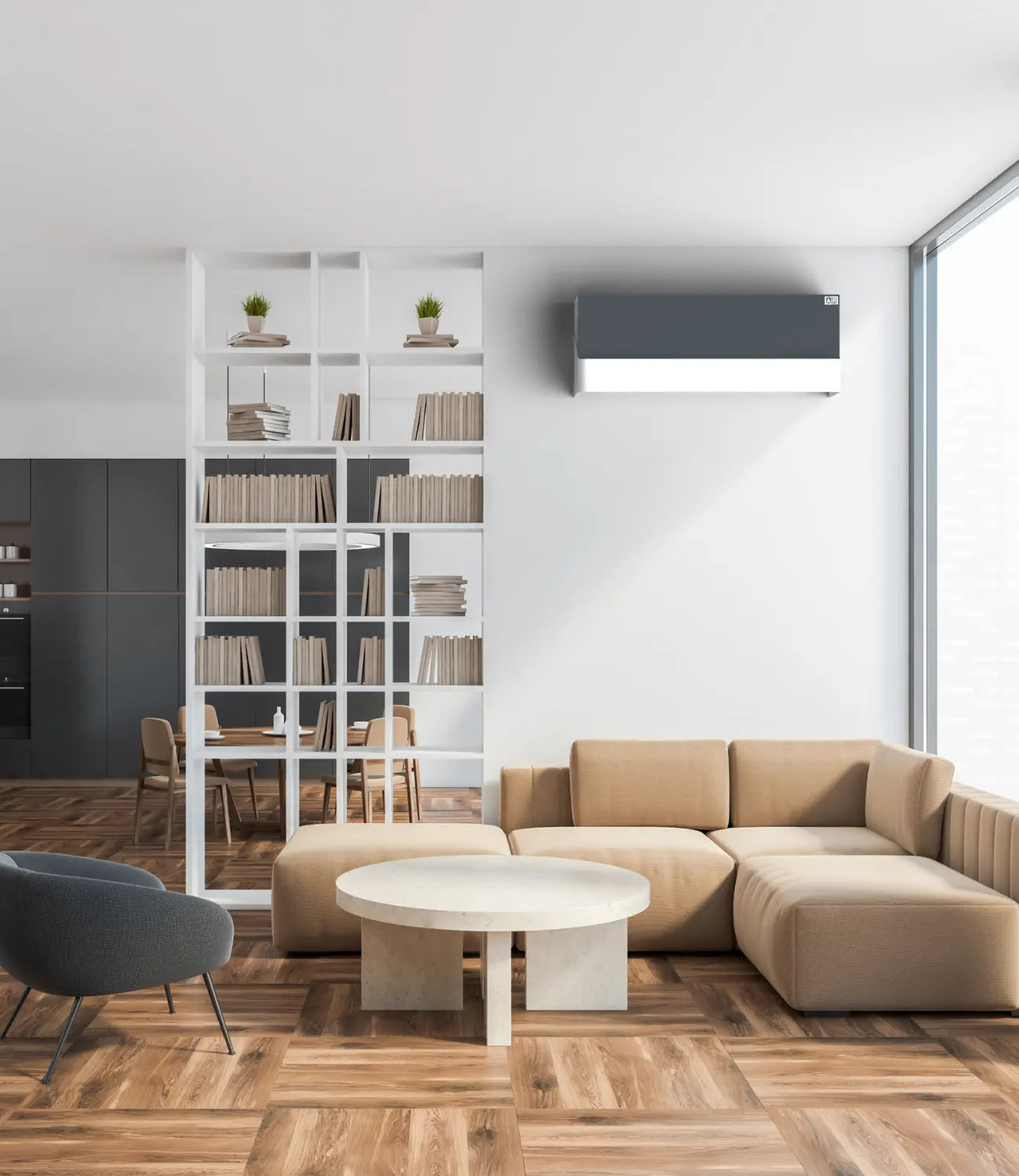 Cache mural design pour split Mitsubishi MSZ-AP installé entre la cuisine et le salon