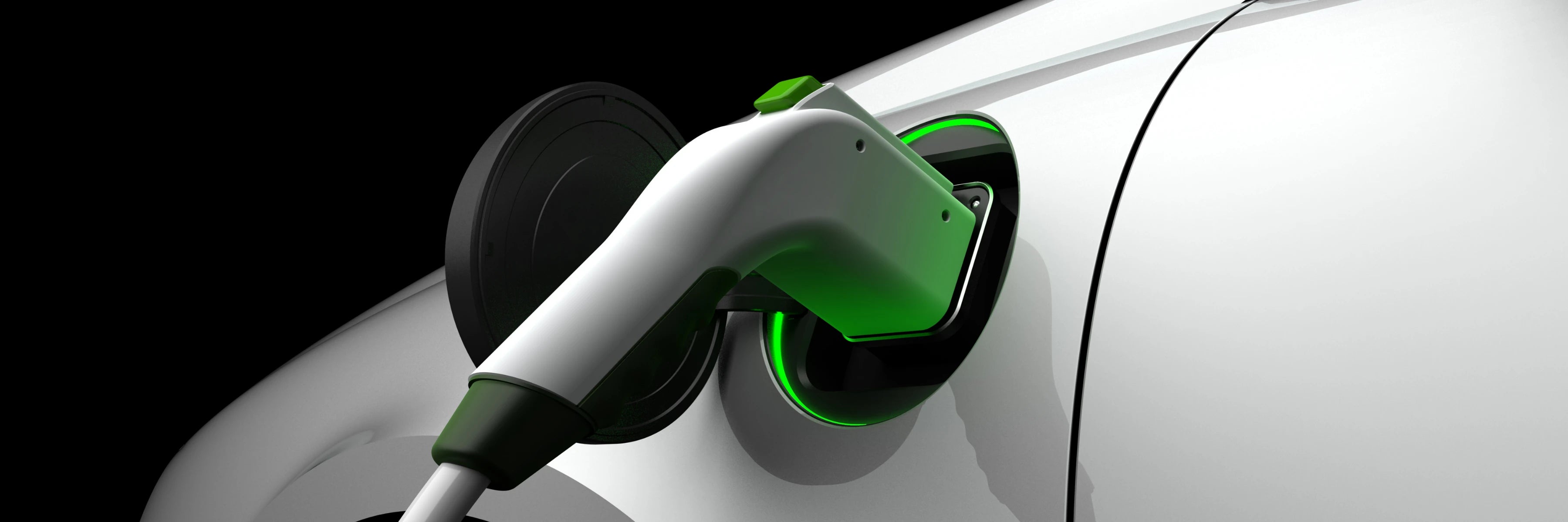 Nahaufnahme eines Elektroauto-Ladesteckers mit aktivierter grüner LED. Moderne EV-Ladetechnologie im Fokus.