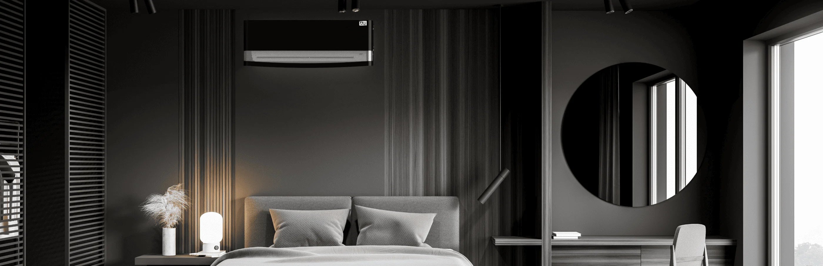 Schwarze Verkleidung für Mitsubishi-Klimasplit in einem dunklen Schlafzimmer – elegante Lösung zur visuellen Integration und Raumharmonie.