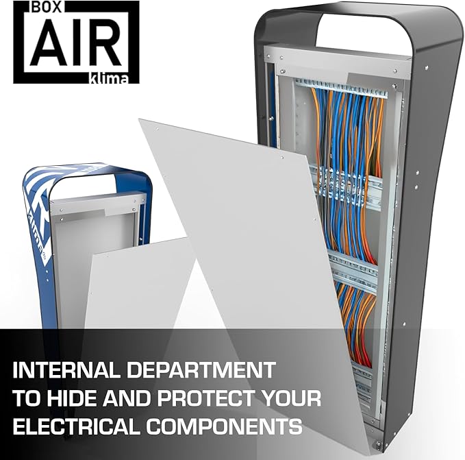 Offener Technikraum – alle Komponenten sichtbar im Stand-Gehäuse für klar verständliche elektrische Organisation. Kompatibel mit der Wandladestation Hypervolt Gen 2.