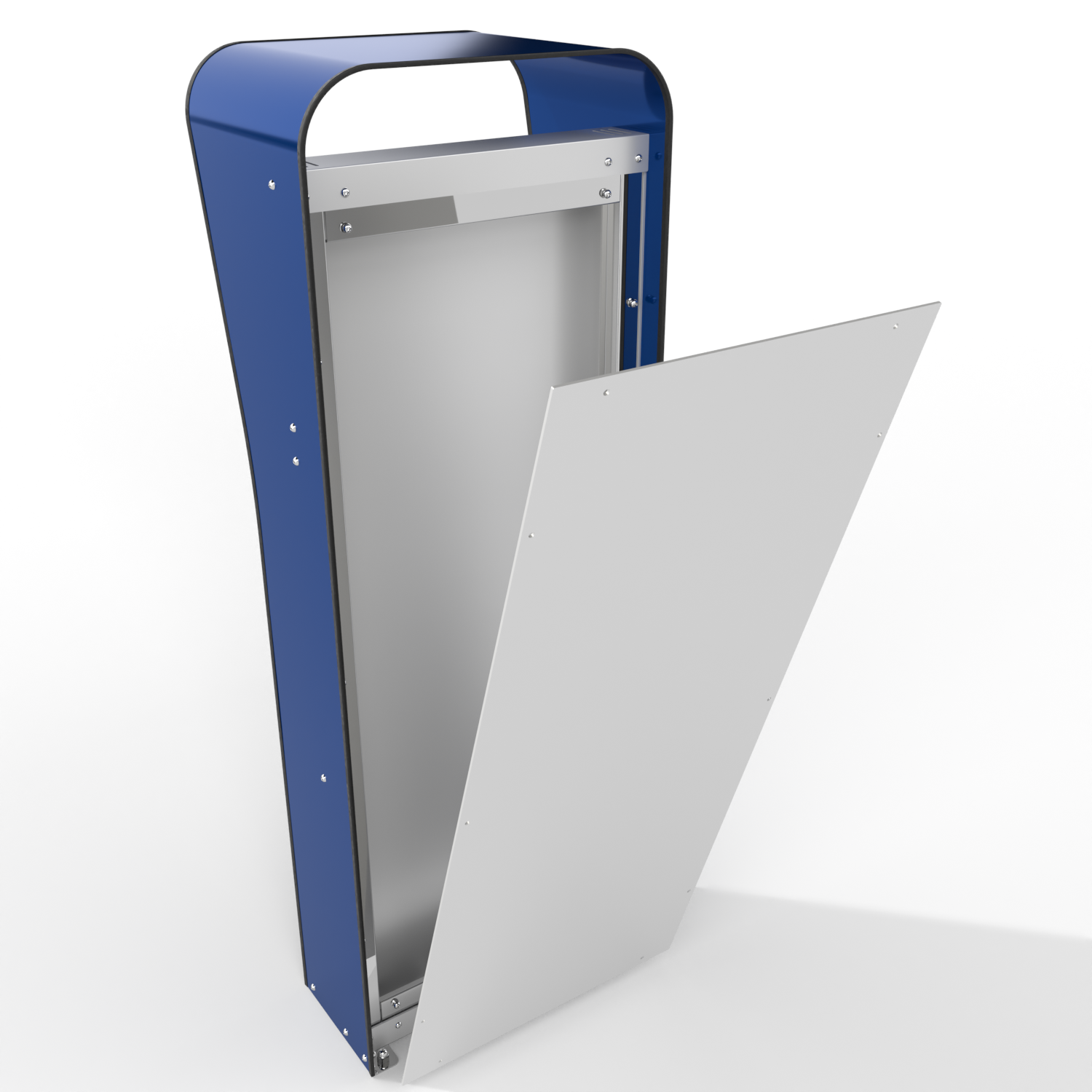 Compartiment technique ouvert – vue interne montrant les connexions électriques dans la structure de la colonne Stand. Compatible avec la borne de recharge murale EVBox Troniq High Power.
