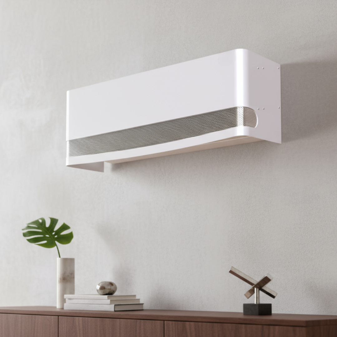 Seitenansicht der Talia-Klimaanlagenabdeckung mit gelochtem Gitter, modern-minimalistisches Design über Holzkommode