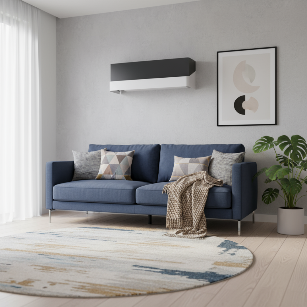 Copertura per split interno Tersicore bicolore nero e bianco installata sopra un divano blu in un soggiorno dal design nordico
