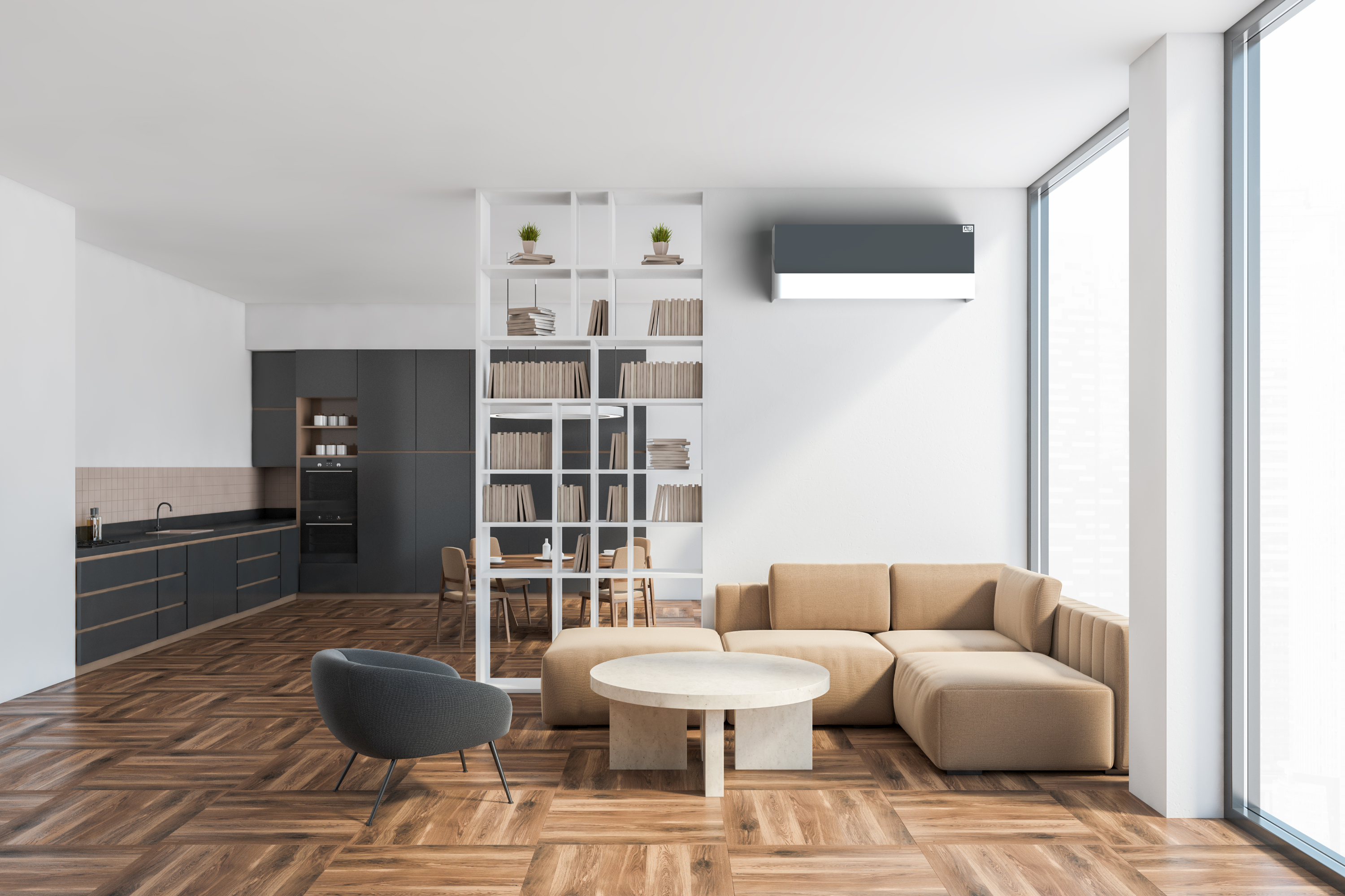 Designer AC cover – Tersicore blends into high-end architectural living room with wood flooring and curated interiors. Compatible with Panasonic CU-TZ35ZKE indoor split air conditioning unit.