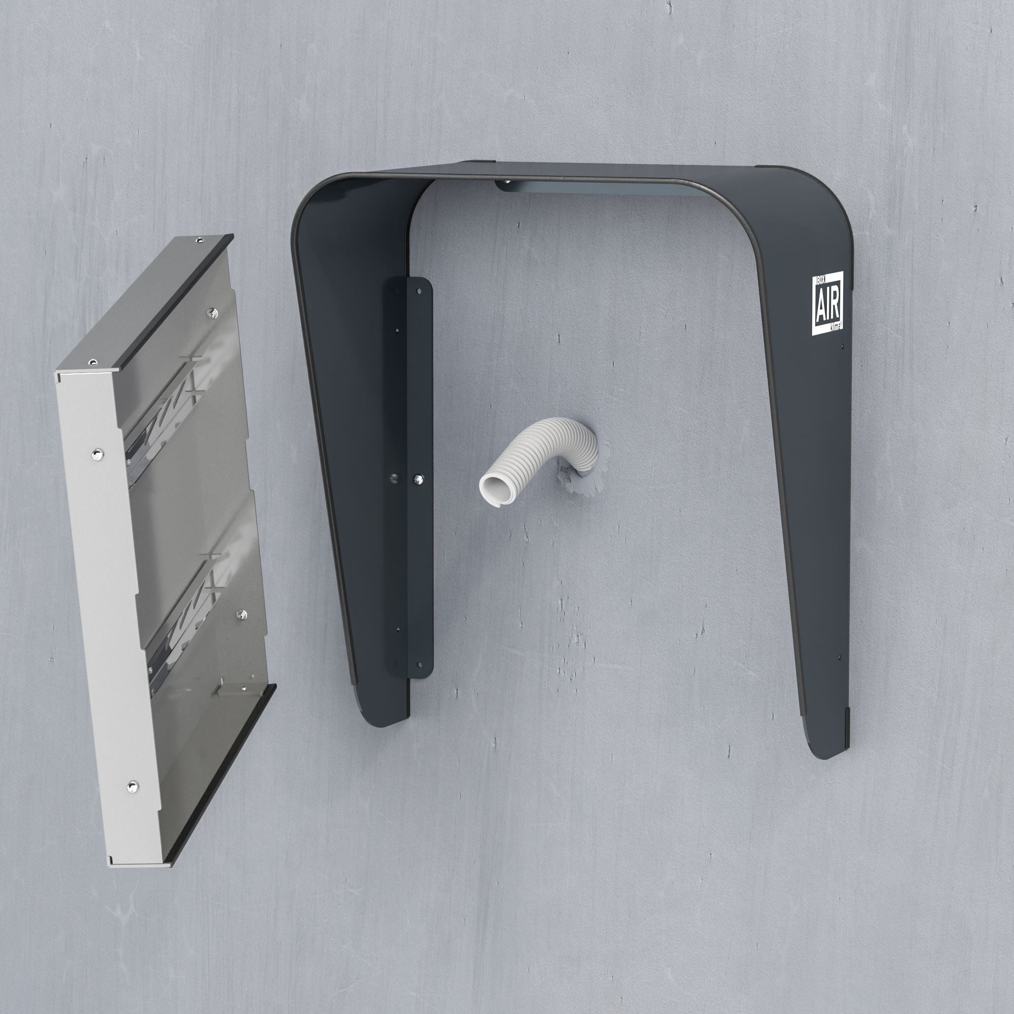 Protection murale avec compartiment technique – Wallbox Cover Plus partiellement installée, laissant passer le conduit pour le câble de recharge, design intégré et pratique. Compatible avec la borne de recharge murale Wallbox Pulsar Max.