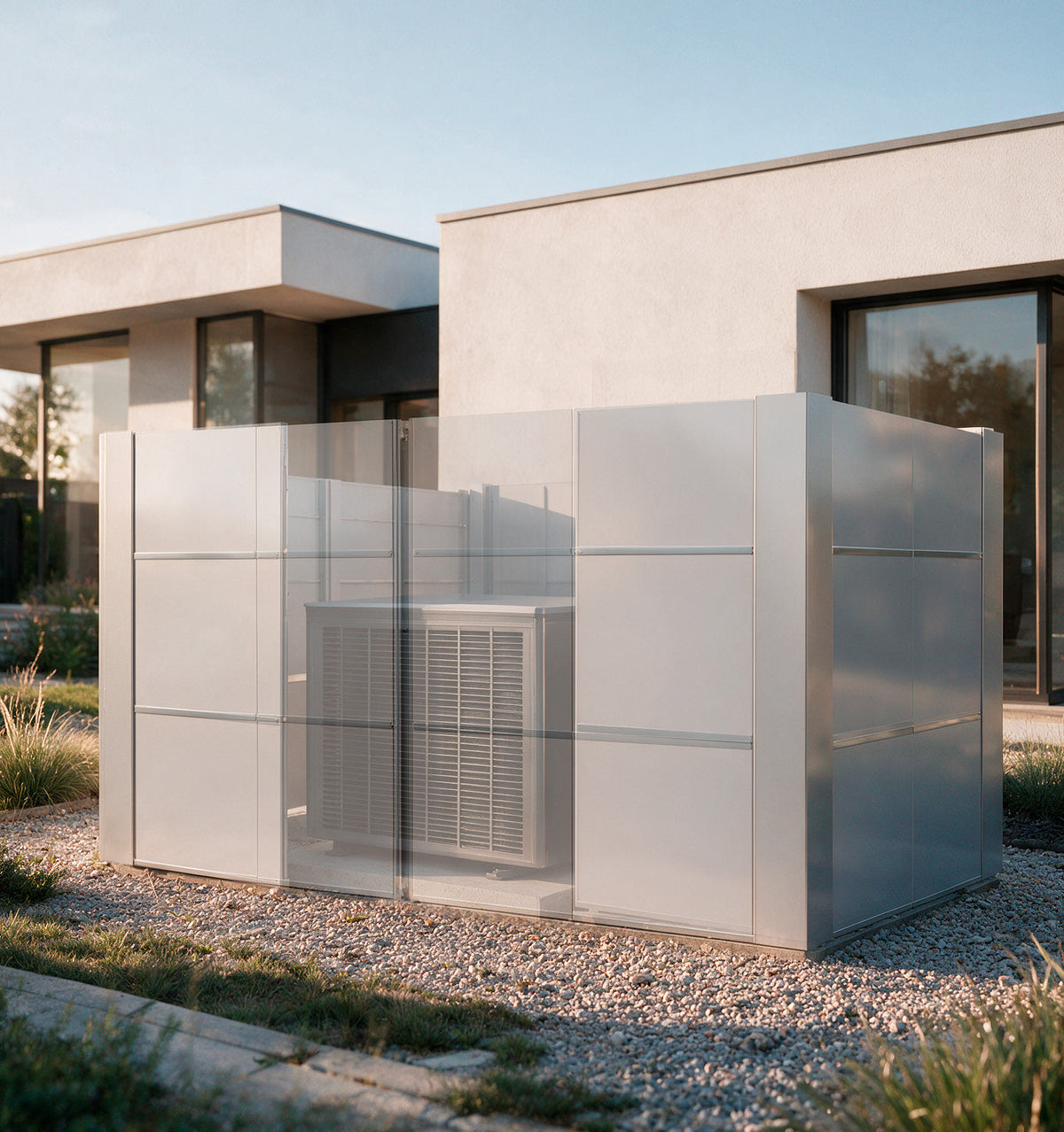 Barriere modulari Shield Box Air Klima per schermare una pompa di calore, render illustrativo