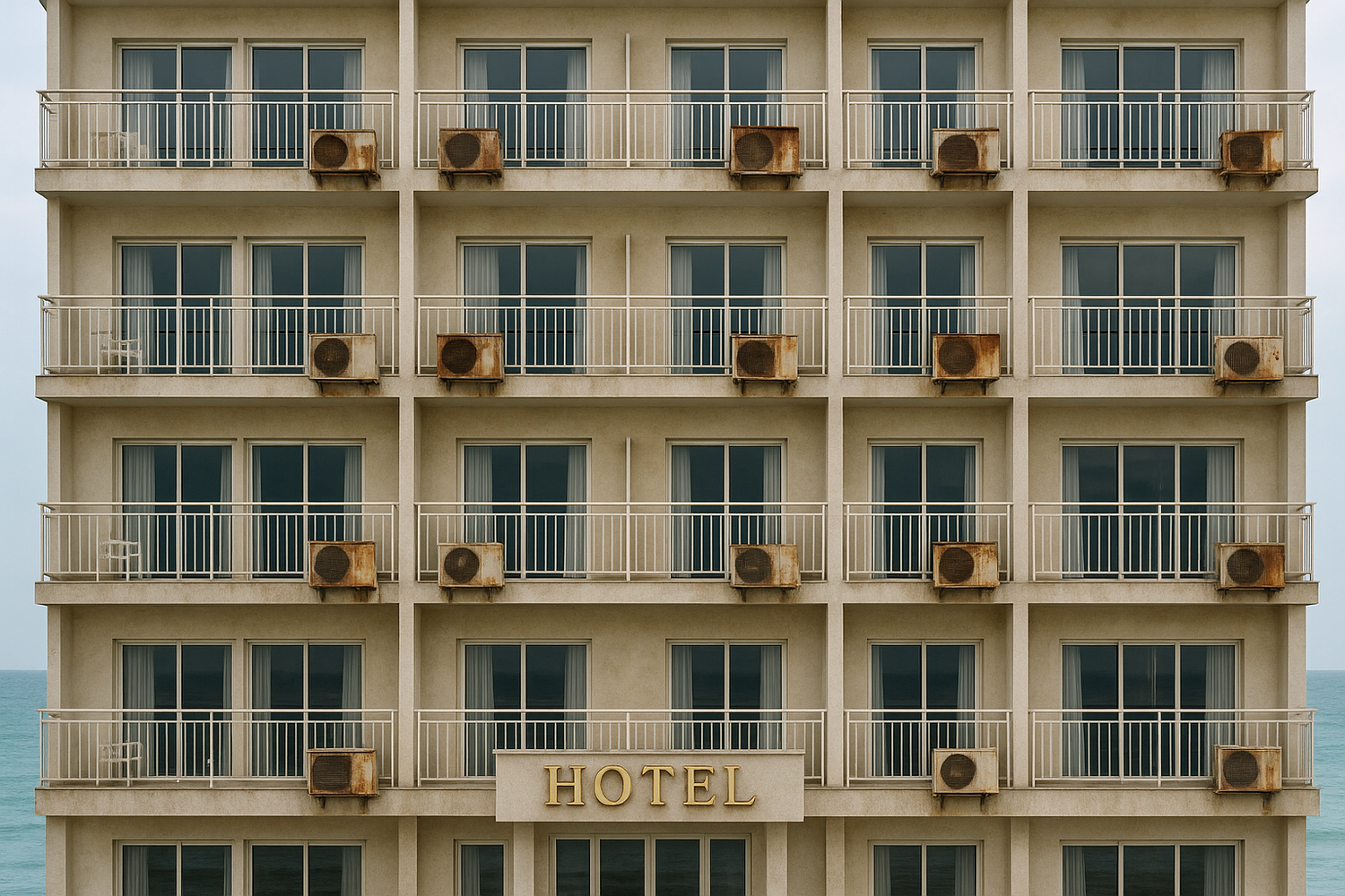 Seaside hotel façade with rusty and faded outdoor air conditioners exposed to salt air.