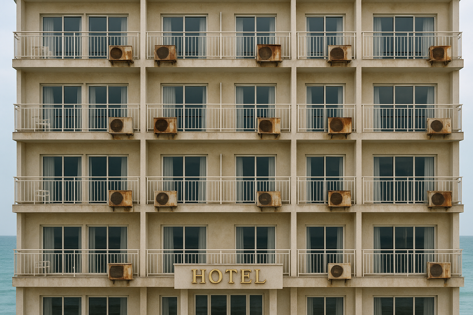 Seaside hotel façade with rusty and faded outdoor air conditioners exposed to salt air.