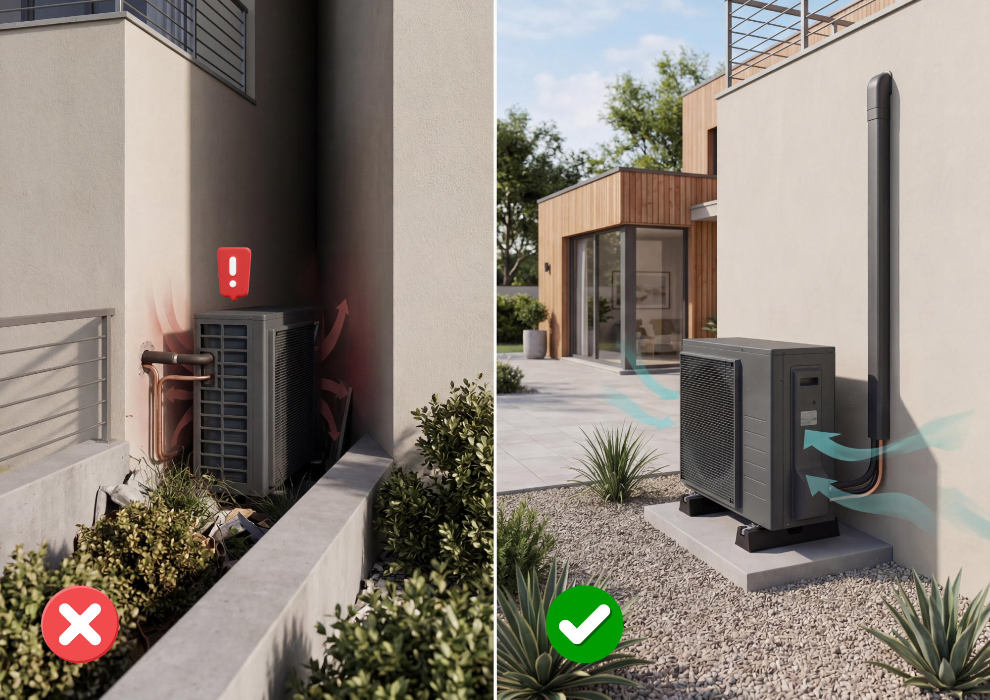 Confronto tra installazione errata e corretta dell’unità esterna della pompa di calore, con focus su spazio libero, ventilazione e errori da evitare.
