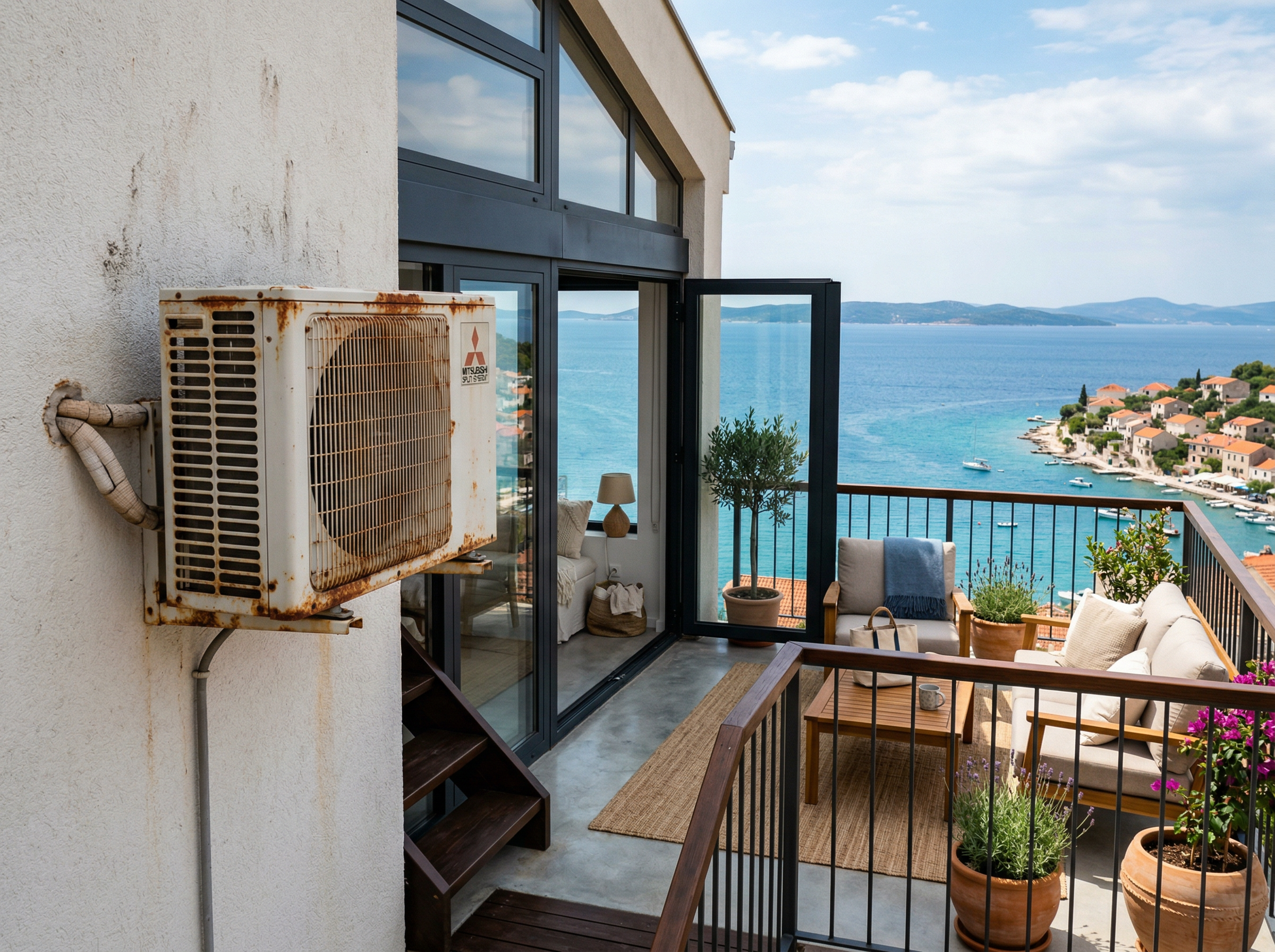 Unità esterna di pompa di calore vicino al mare con segni di ruggine e corrosione da salsedine su terrazza in zona marittima.