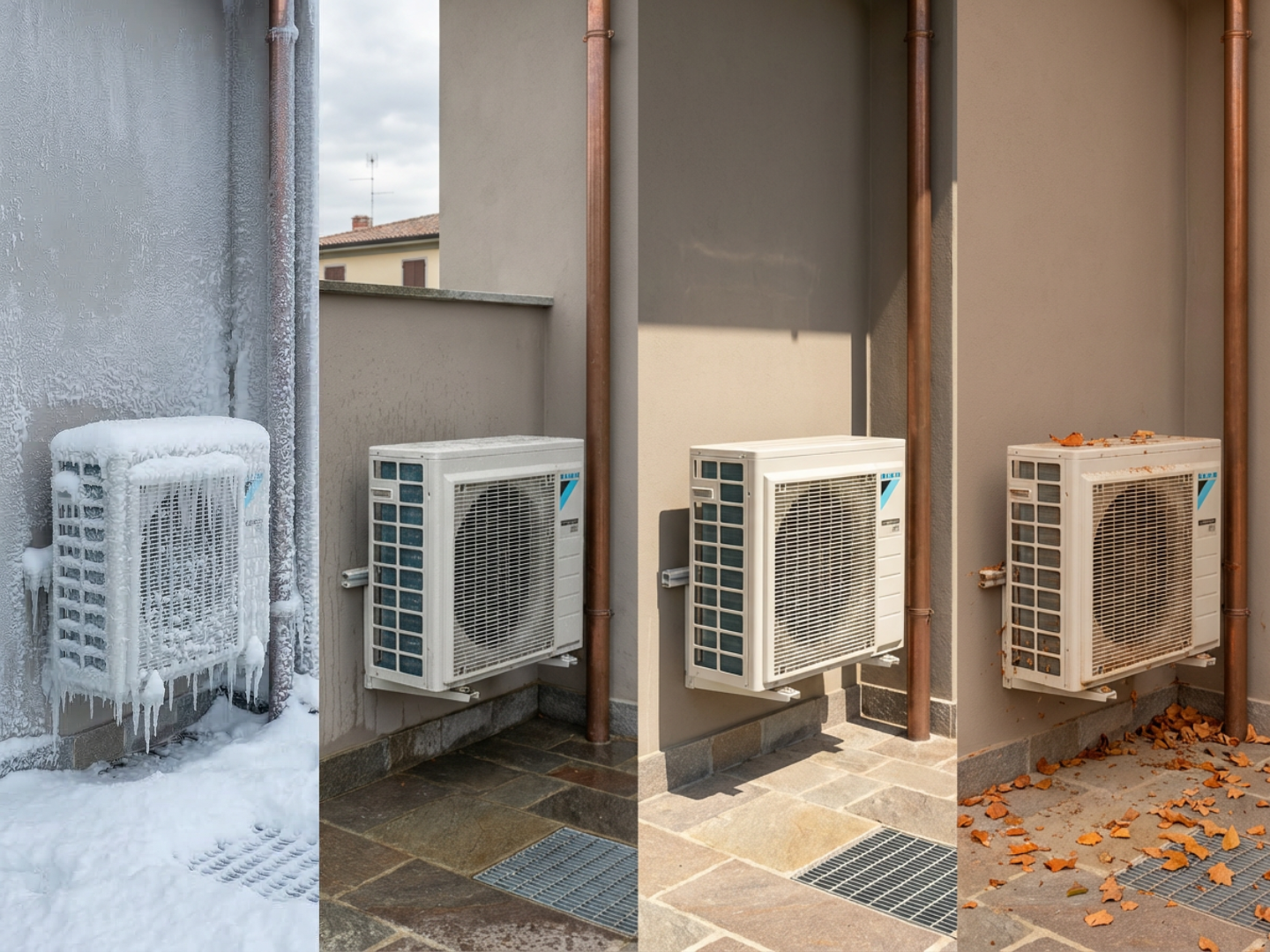 Pompe à chaleur extérieure présentée en hiver, au printemps, en été et en automne pour montrer son exposition aux intempéries toute l'année