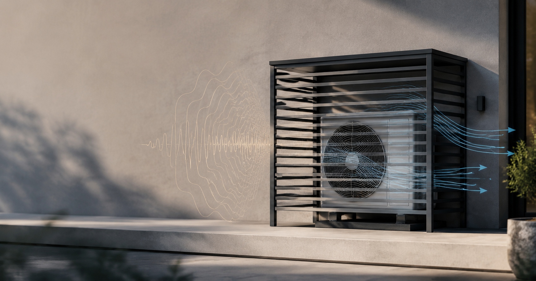 Unità esterna con copertura ventilata, onde sonore e flussi d’aria
