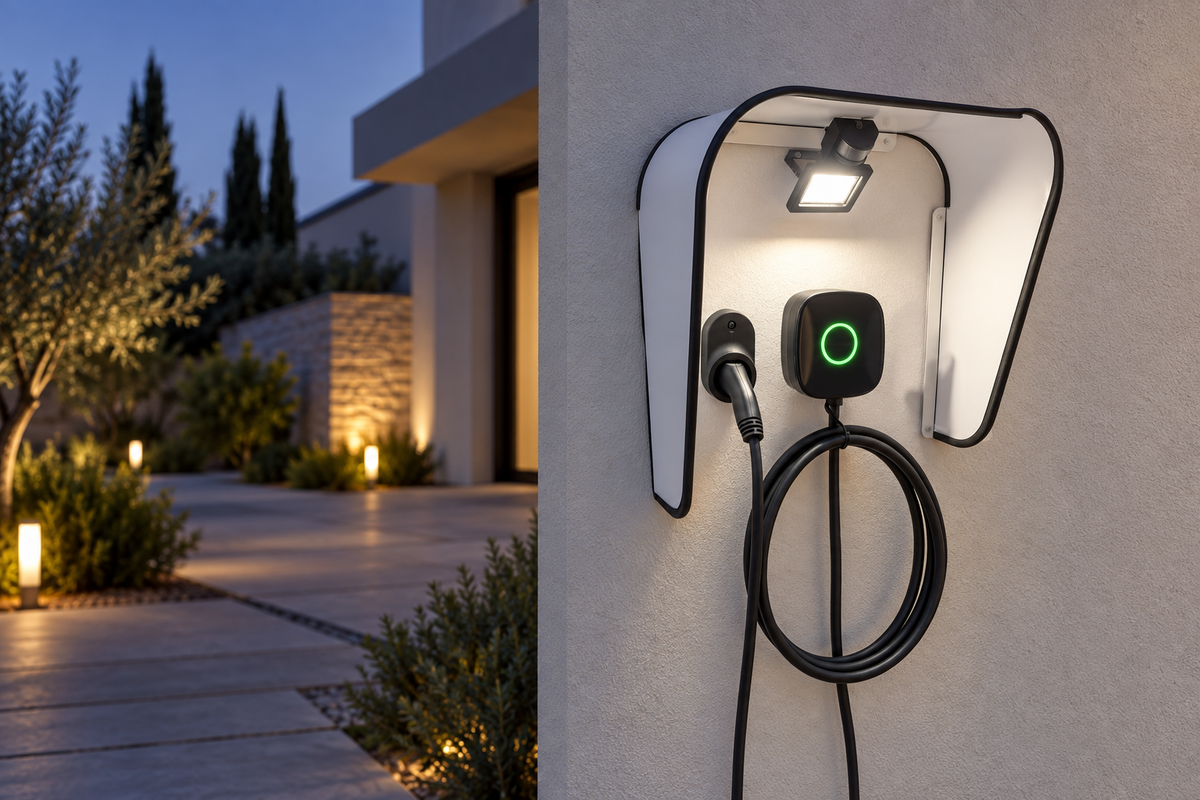 Ambientazione illustrativa serale di Wallbox Cover Light con LED acceso