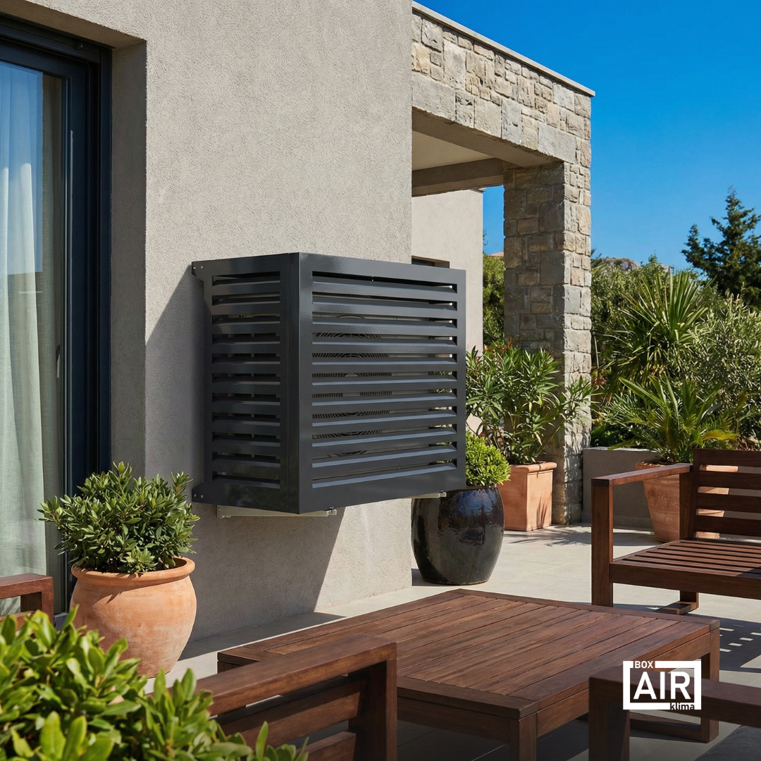 Box Air Klima Blade in Anthrazit, robuste Abdeckung für Außengeräte mit optimaler Luftzirkulation e lunga durata.