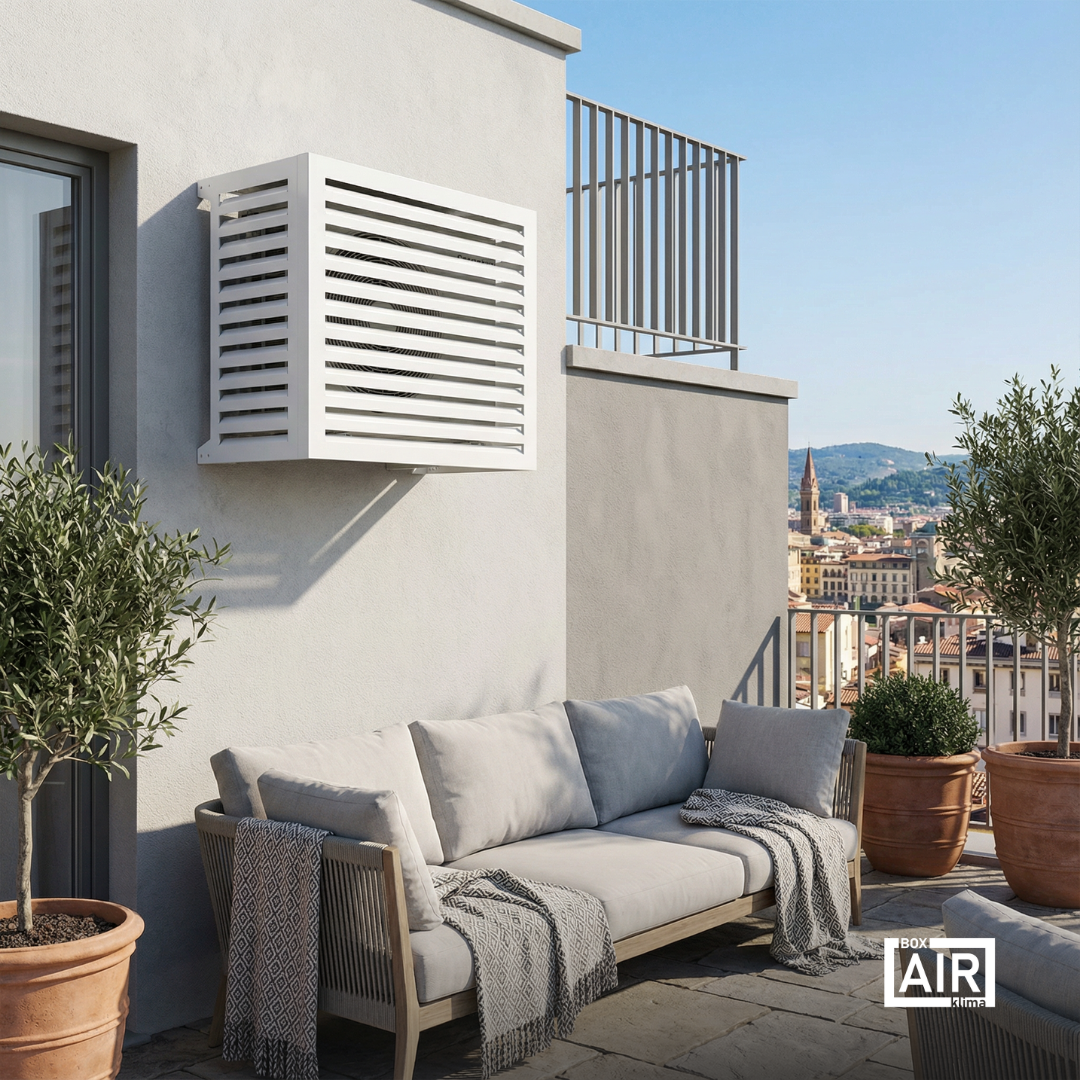 Cache clim extérieur Blade blanc pour protéger les unités contre intempéries, saleté et usure esthétique au fil du temps.