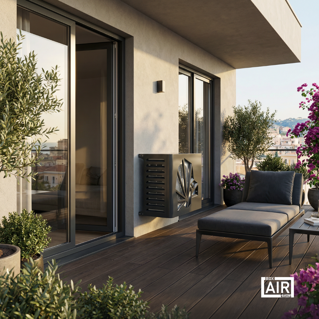 Copertura Blade antracite Box Air Klima per unità esterna di condizionatore e pompa di calore, pensata per migliorare estetica e durata dell’impianto.